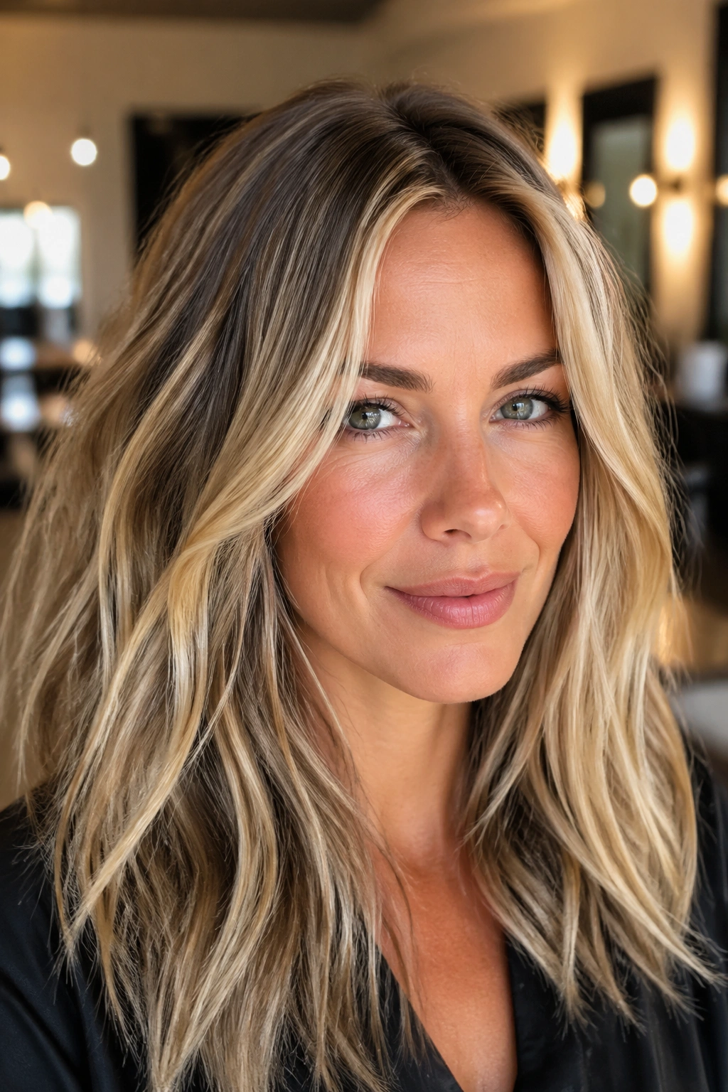 Dimensional blonde with lowlights adding depth on real hair