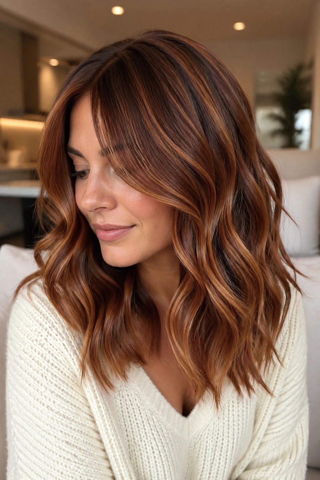 Close-up of a real person with dimensional cinnamon copper hair and ribbons