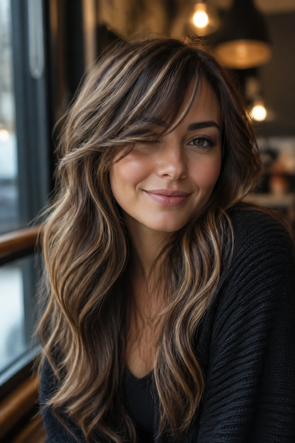 Close-up portrait of a real woman with dimensional waves and textured side bangs.