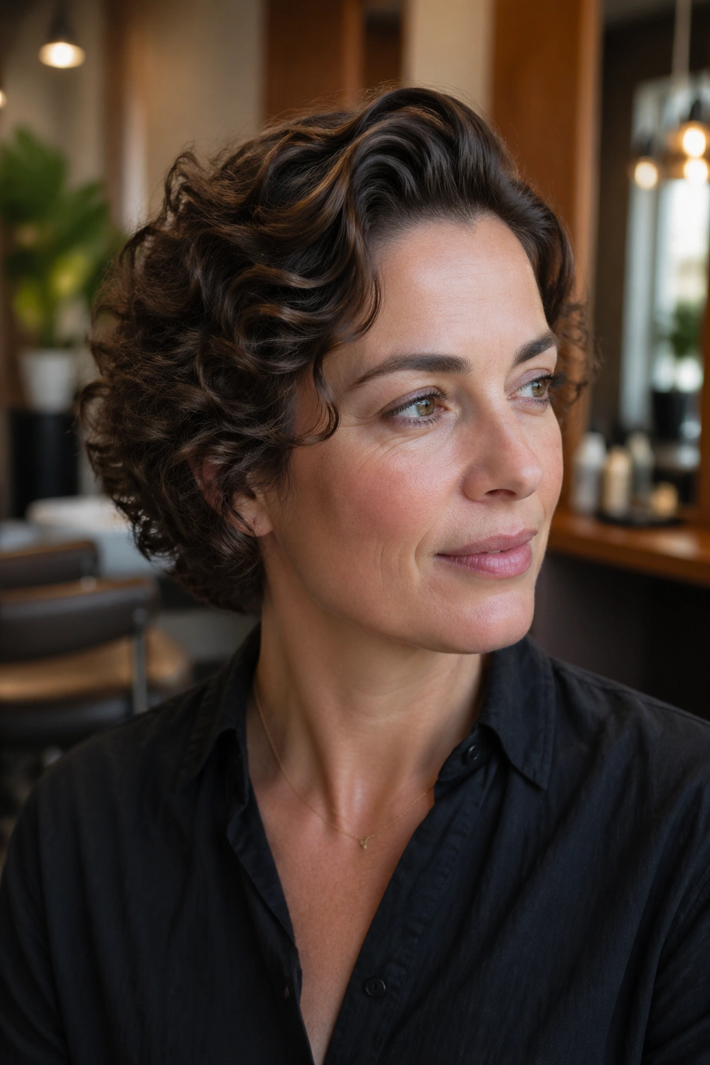 Close-up of a real person with directional wrap perm sweeping away from the face
