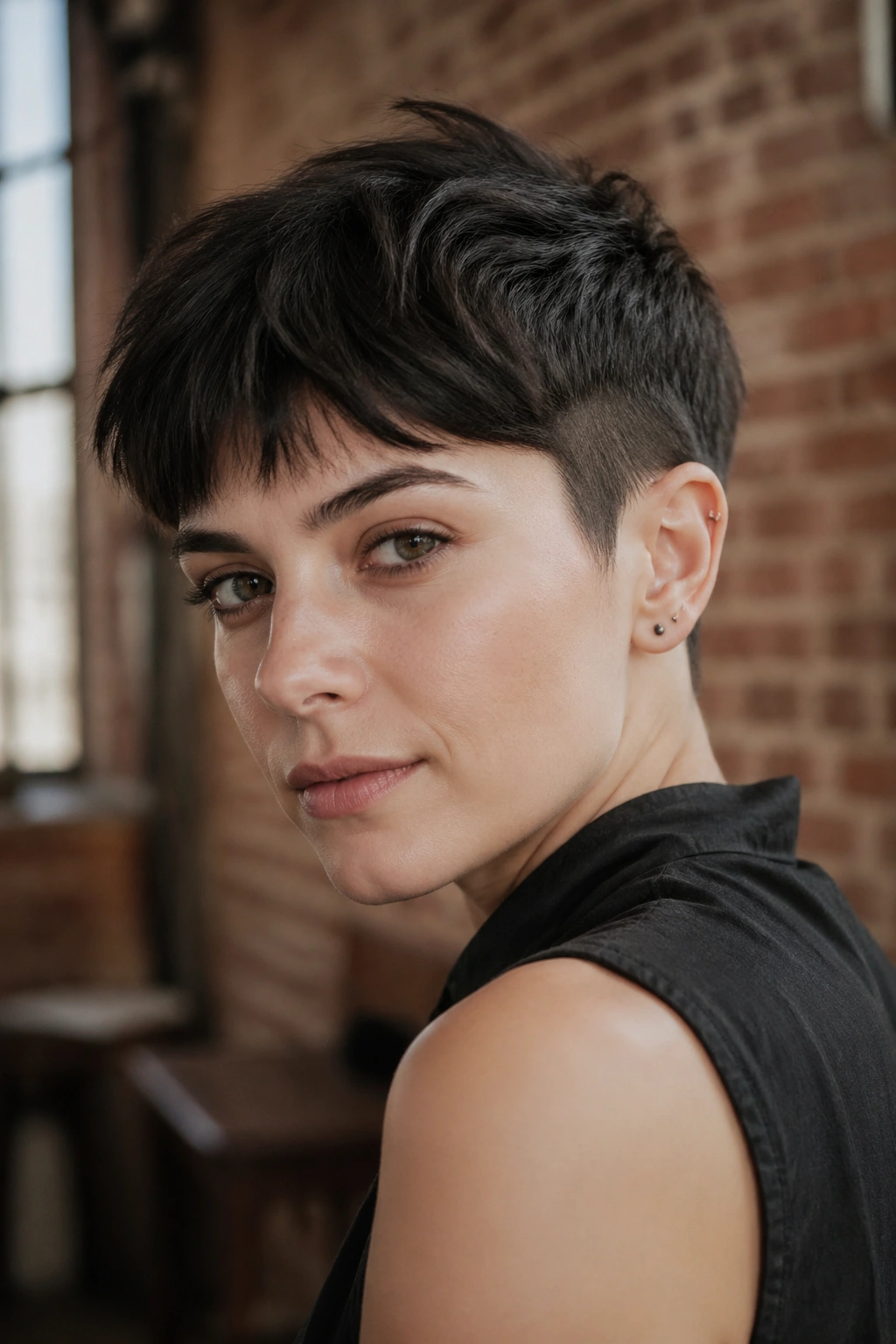 Portrait of a real woman with a disconnected pixie hairstyle against a blurred urban loft background.