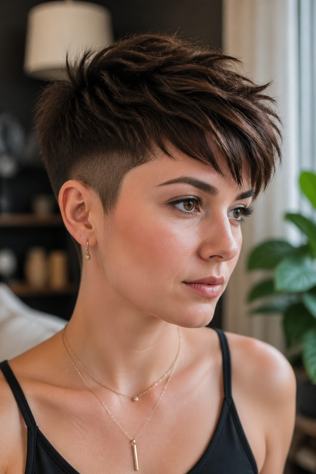 Close-up portrait of a real woman with a disconnected pixie for thick hair featuring a pronounced top-sides contrast