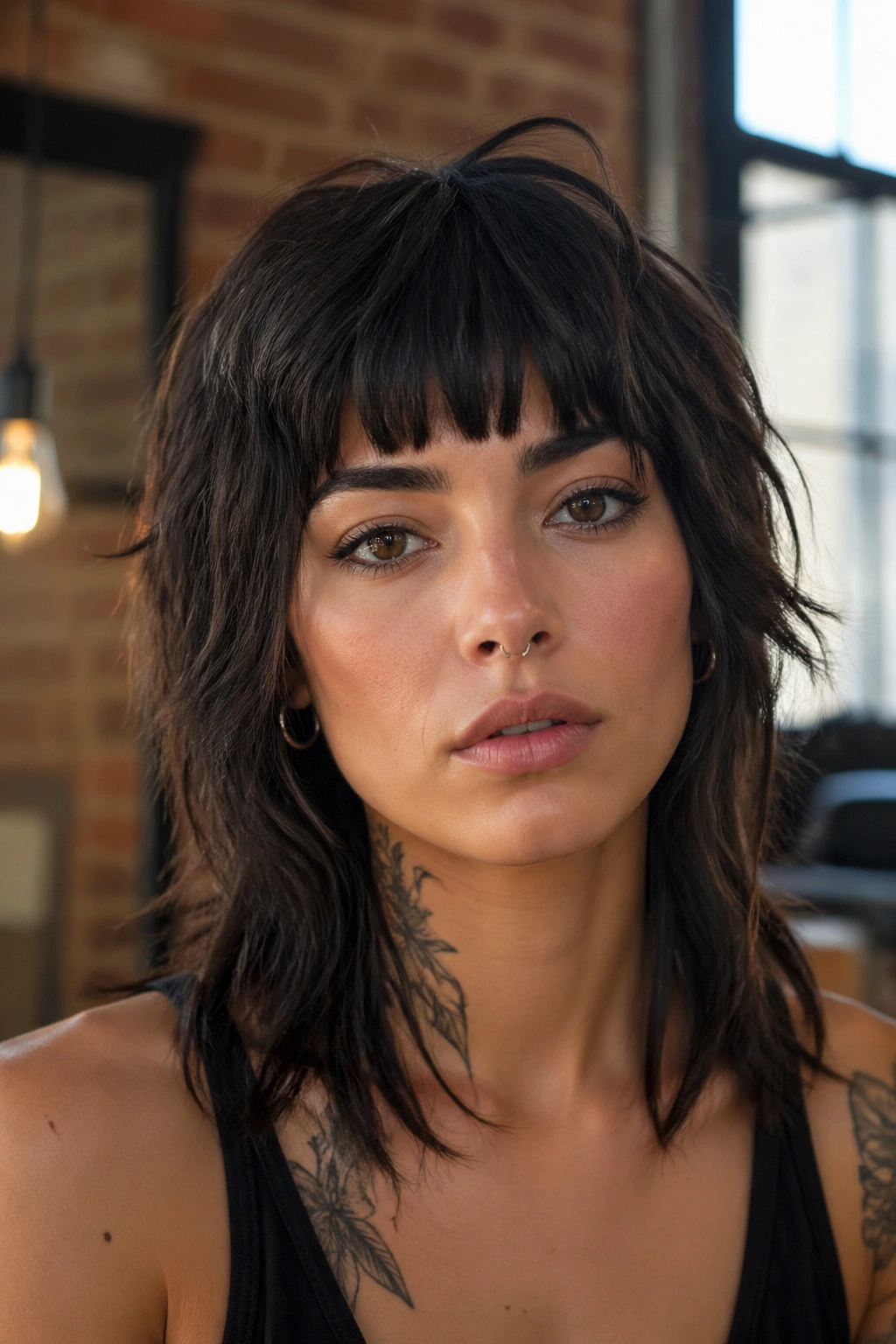 Close-up of a real person with disconnected shag and chunky fringe