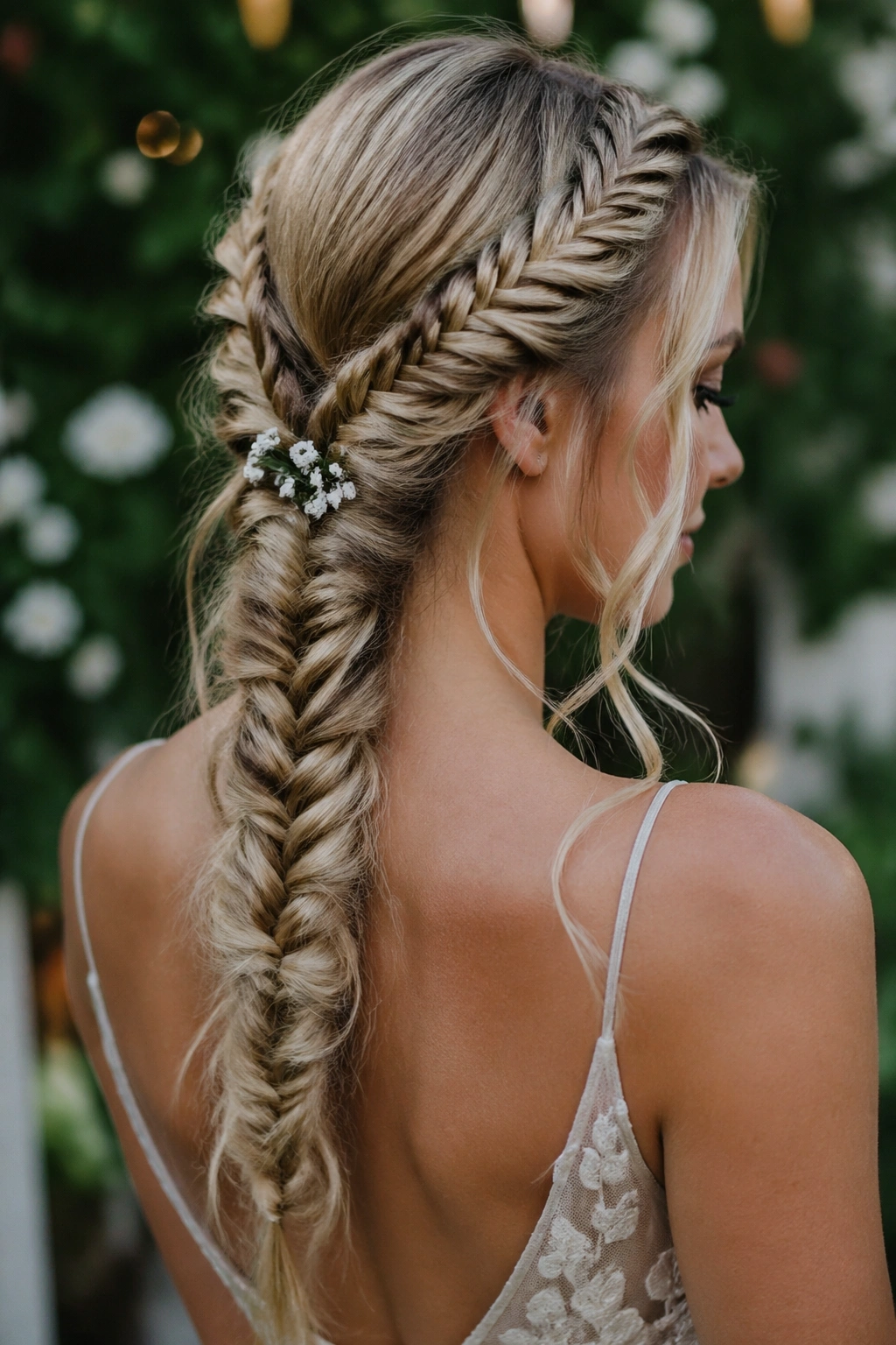 Close-up of a real bride showing two accent fishtails feeding into a central fishtail braid