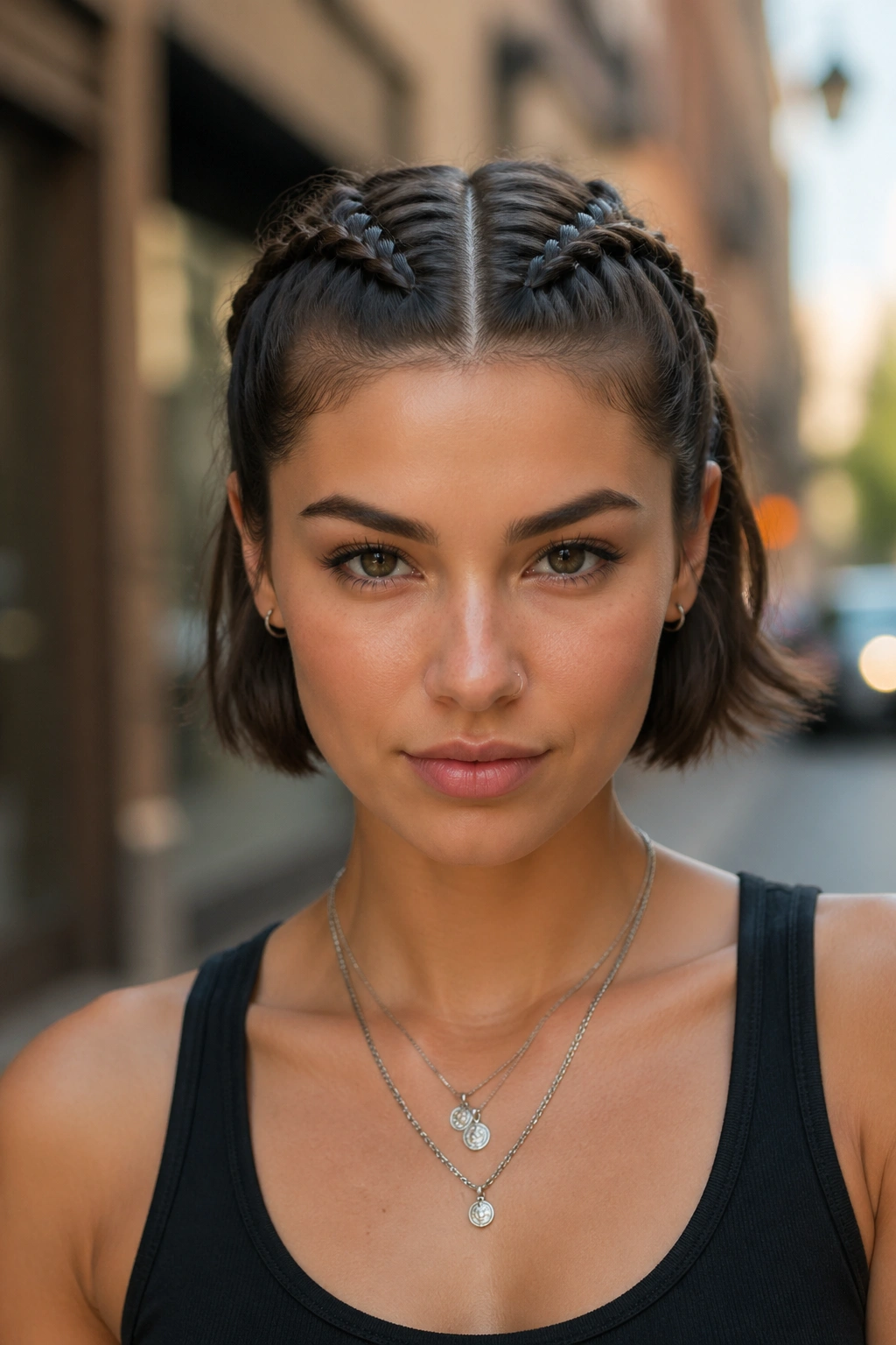 Double boxer braids on short bob portrait