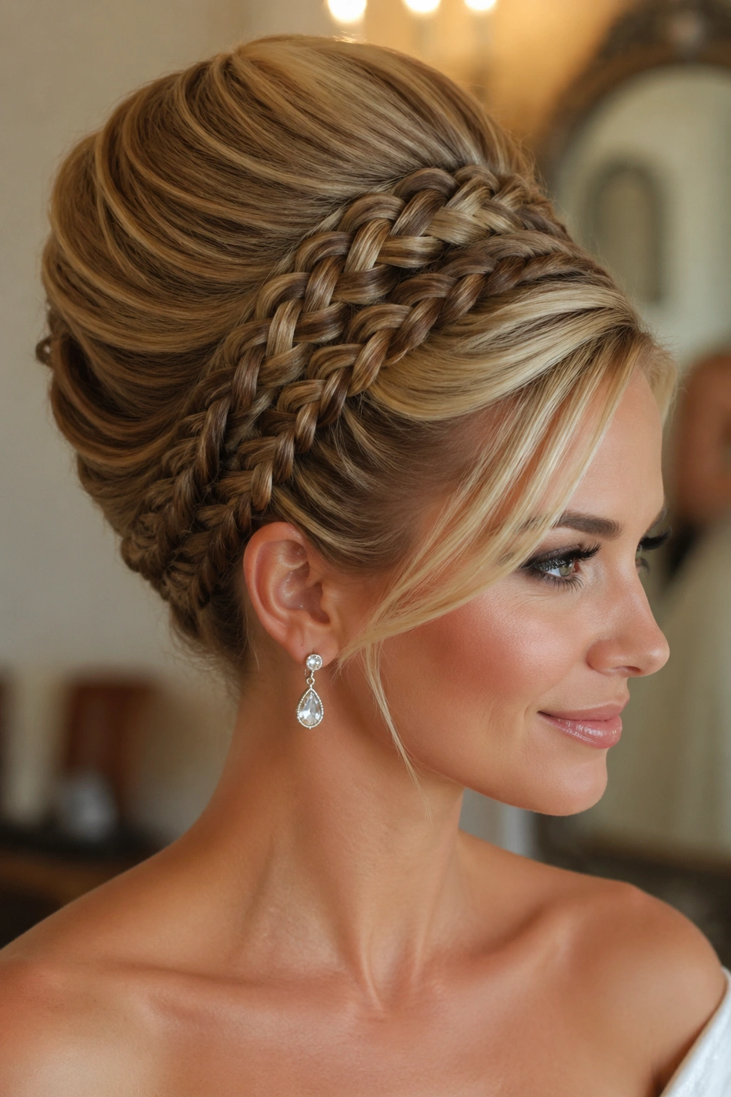 Bride featuring a double braid beehive hairstyle.
