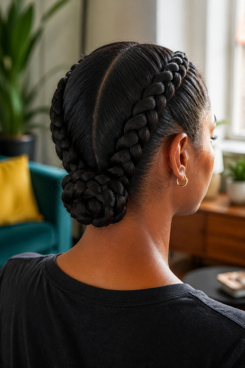 Close-up of a real woman's head showing a dual-braid anchor bun at the back