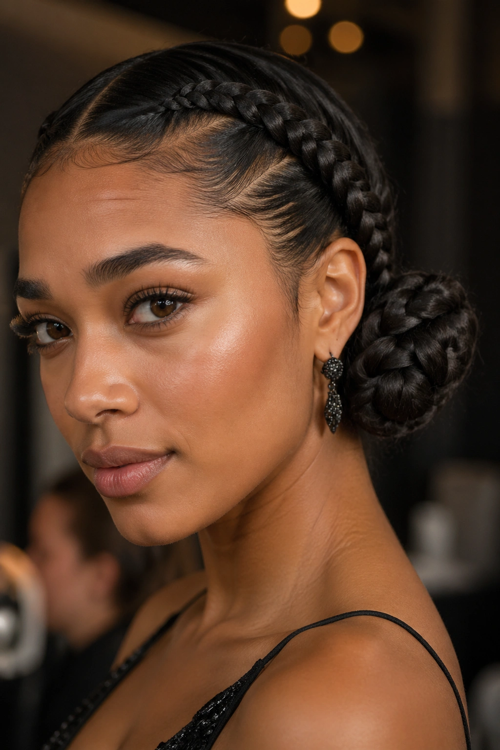 Close-up of a woman with two braids forming a side knot near the ear