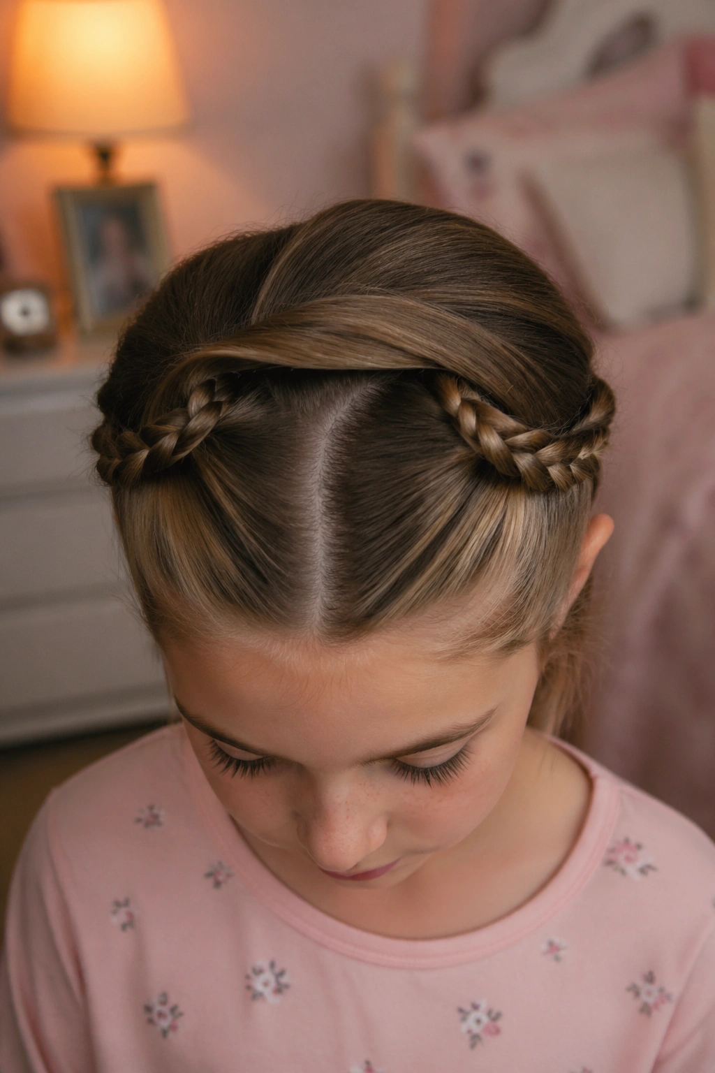 Close-up of Double Braid and Tuck with two front braids tucked under center layer