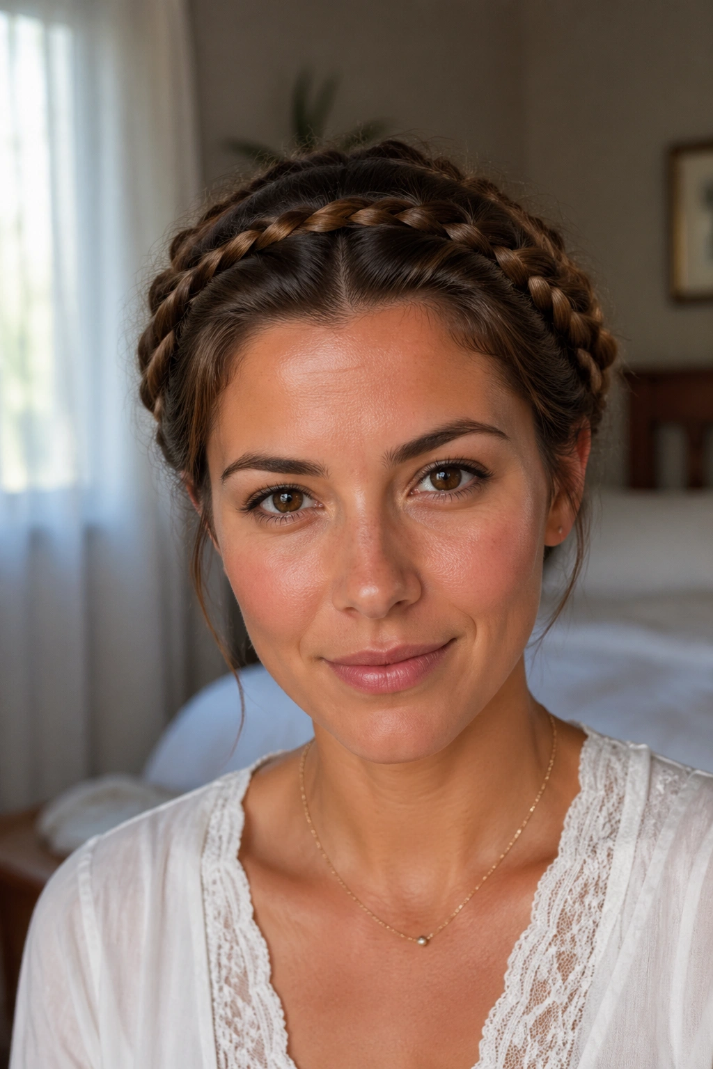 Close-up of a double braided crown on a real woman under soft indoor light