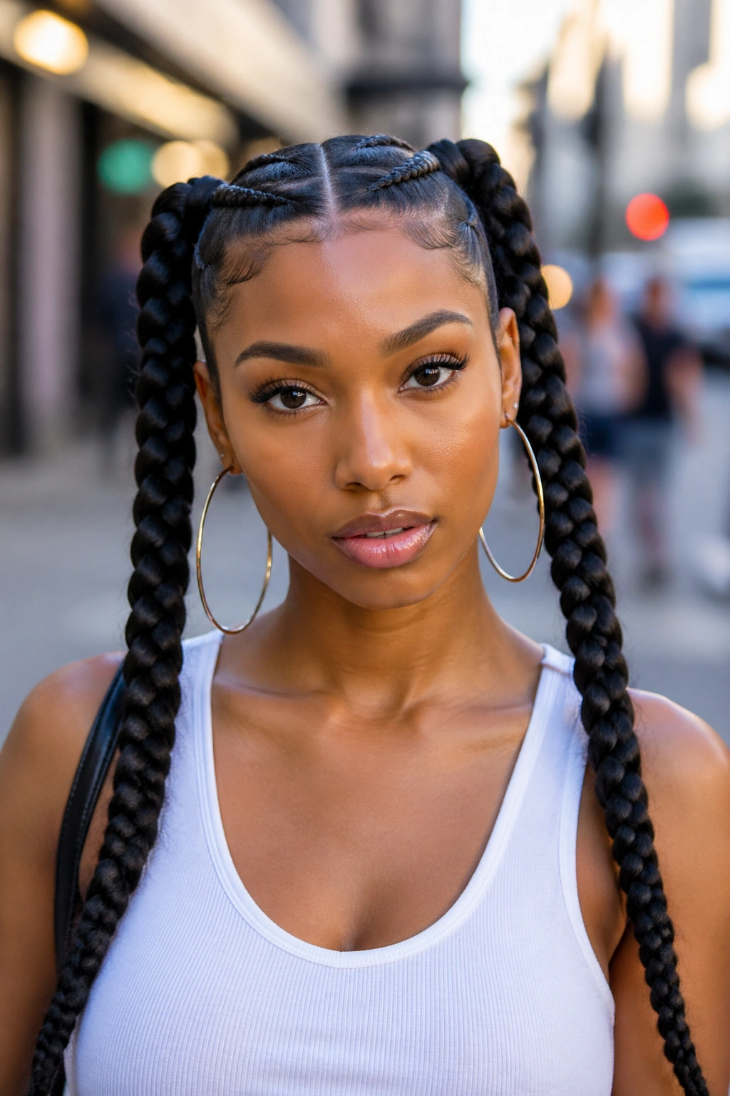 Real woman with double braided ponytails in an urban setting