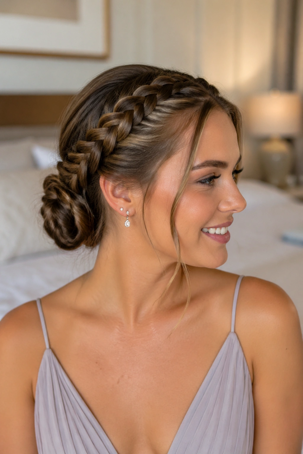 Back and side profile of a real woman with double braids forming a low bun at the nape, prom-ready hairstyle