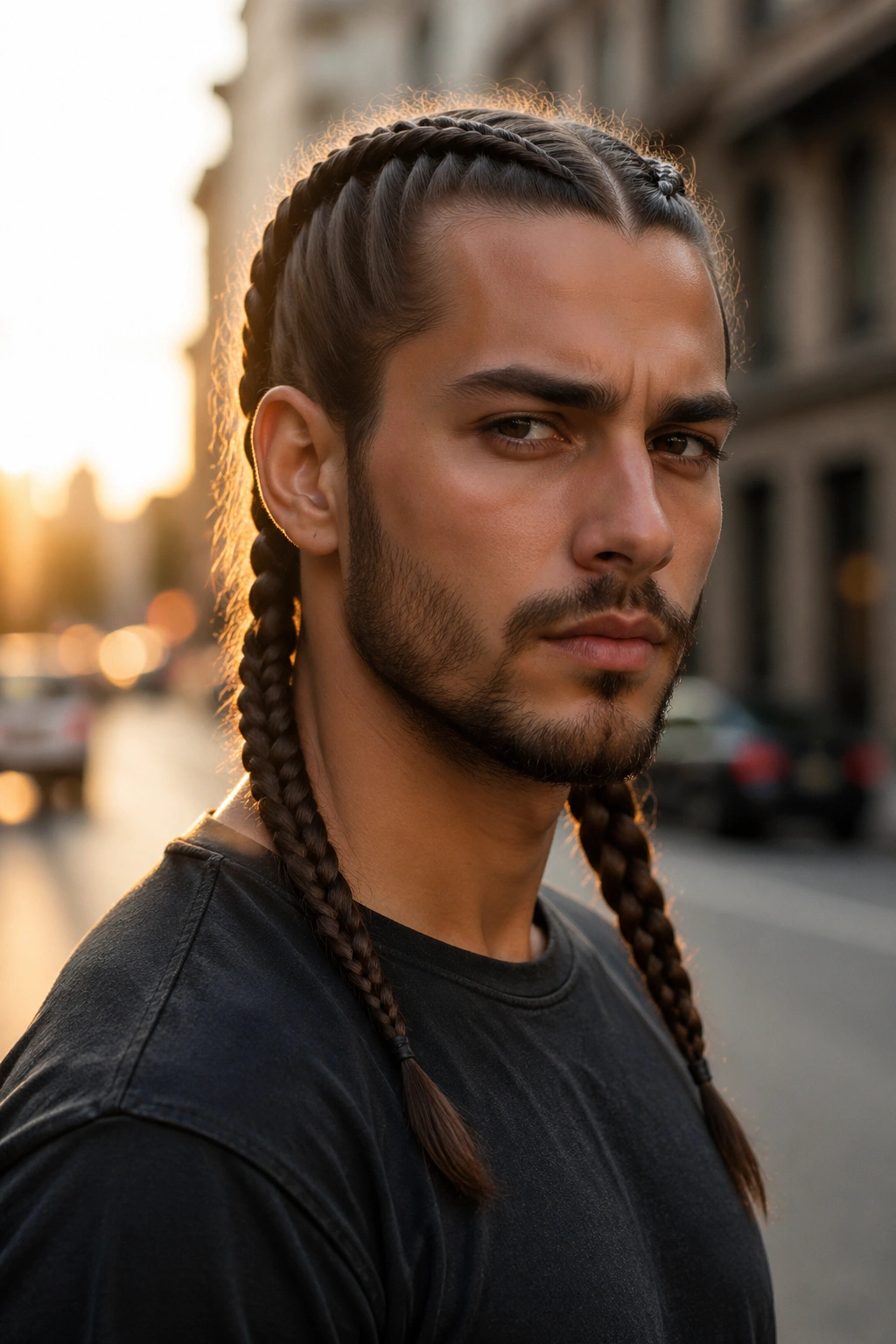 Close-up of a man with two symmetrical braids along the head