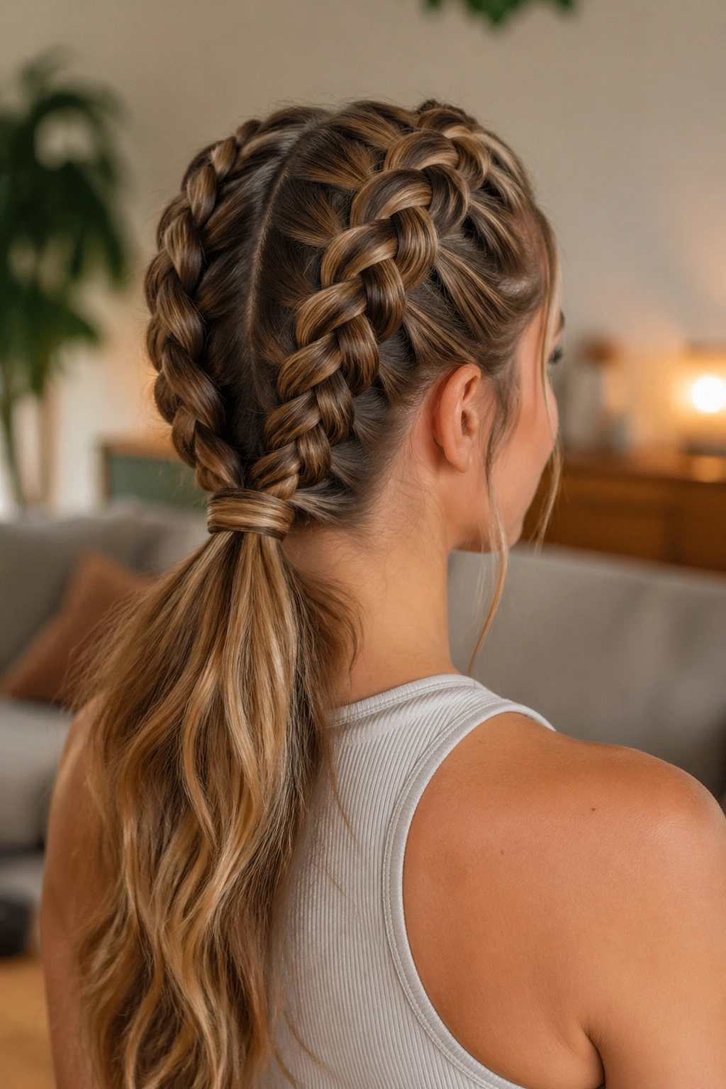 Close-up of a real woman with double French braids converging into a ponytail