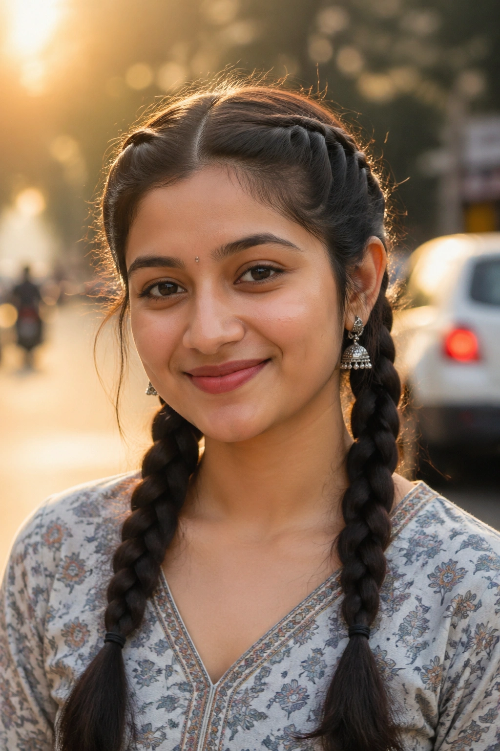Close-up of a real woman with two neat braids center-parted on an urban street at golden hour