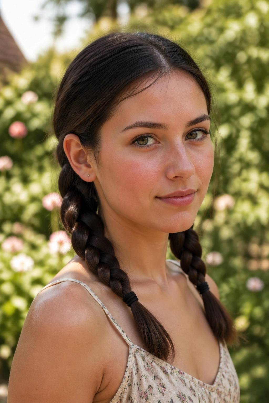 Real woman with two low braids behind the ears in a garden