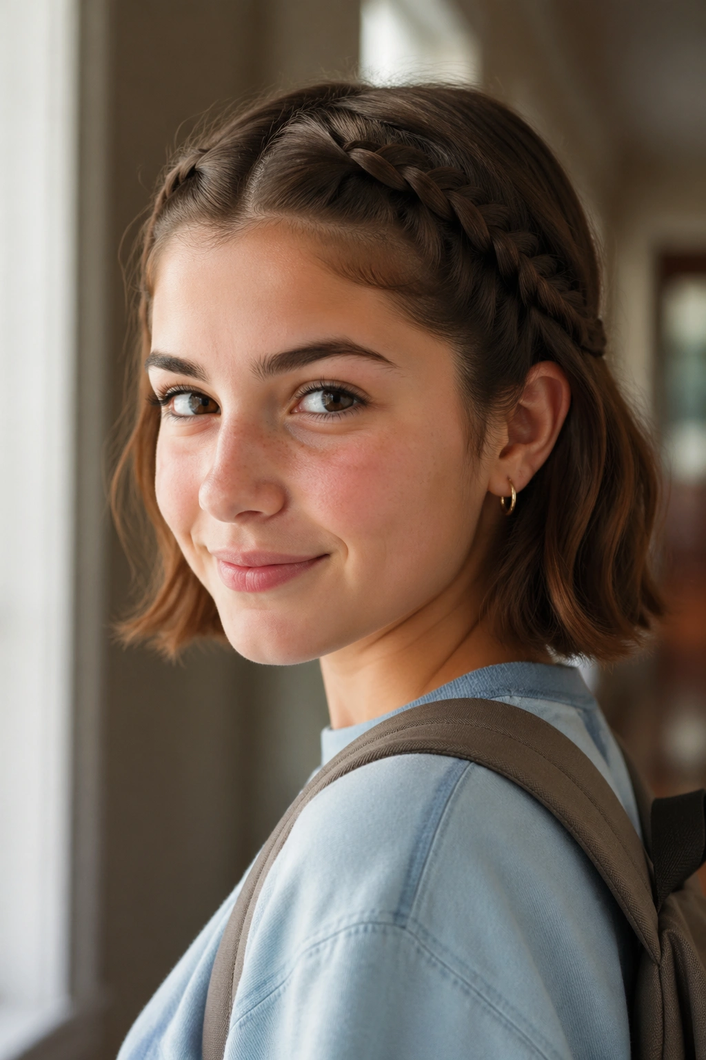 Close-up of short hair with two small braids near the ears