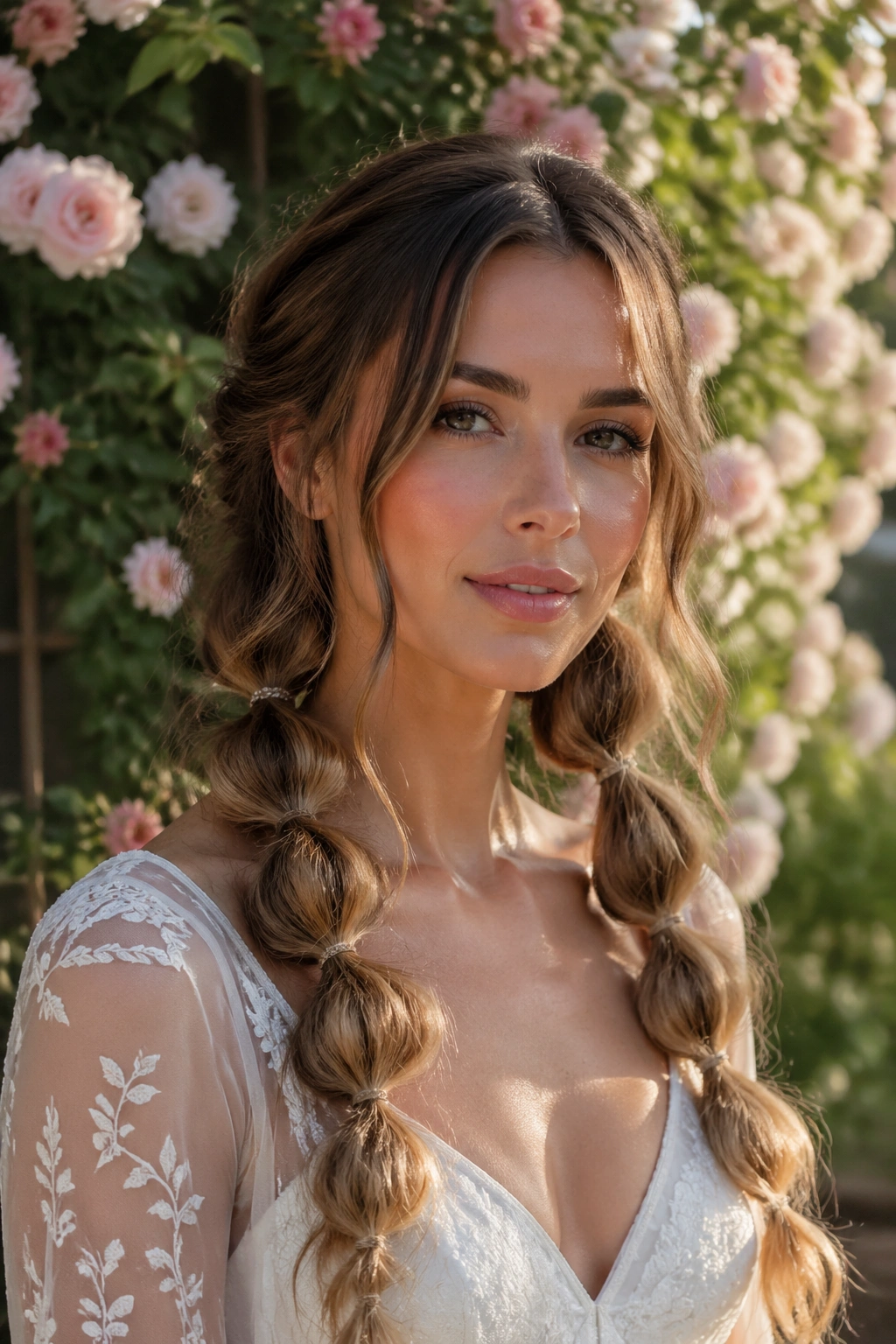 Bride with two low bubble braids in a garden setting