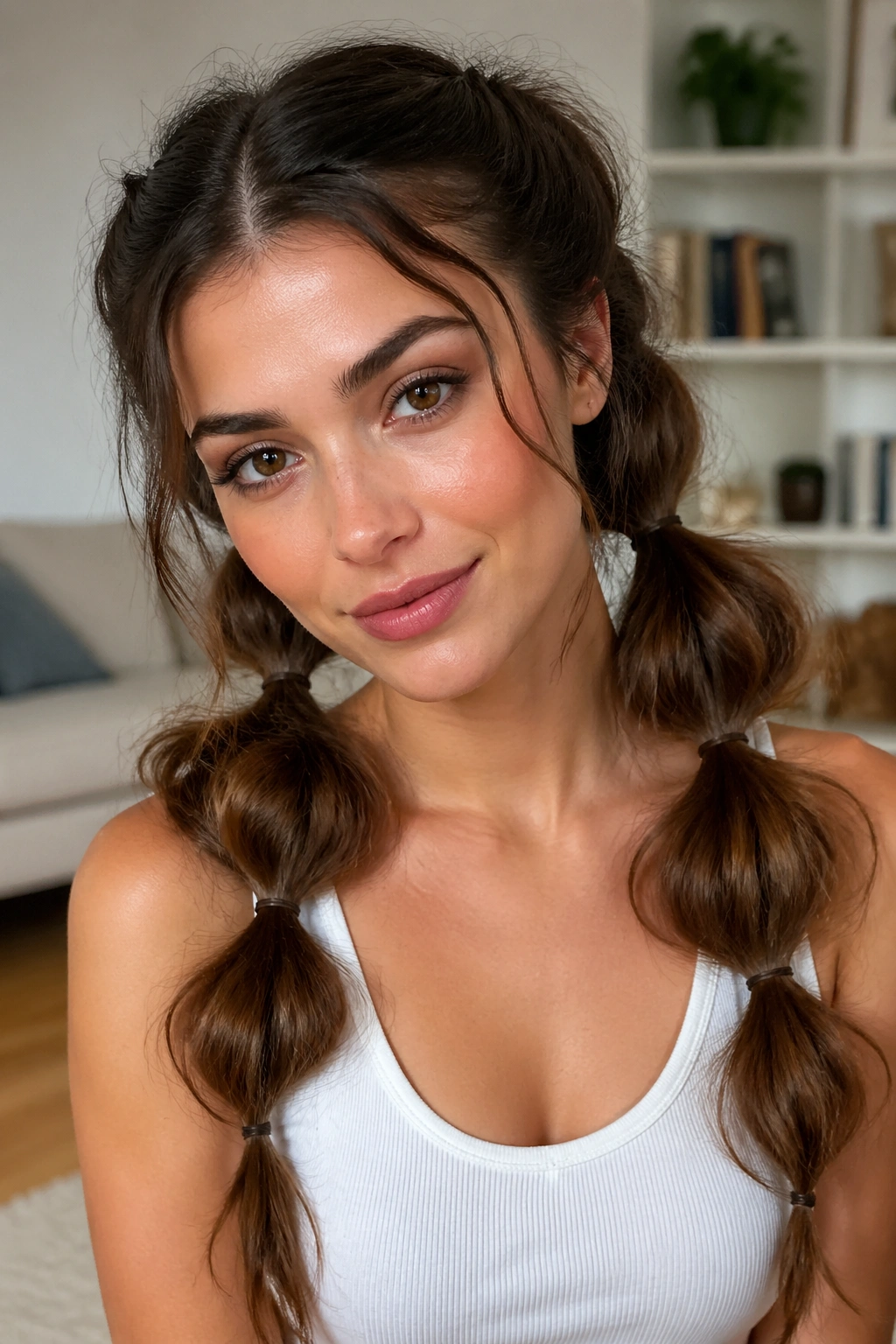 Real person with double bubble pigtails of uneven volume, close-up portrait