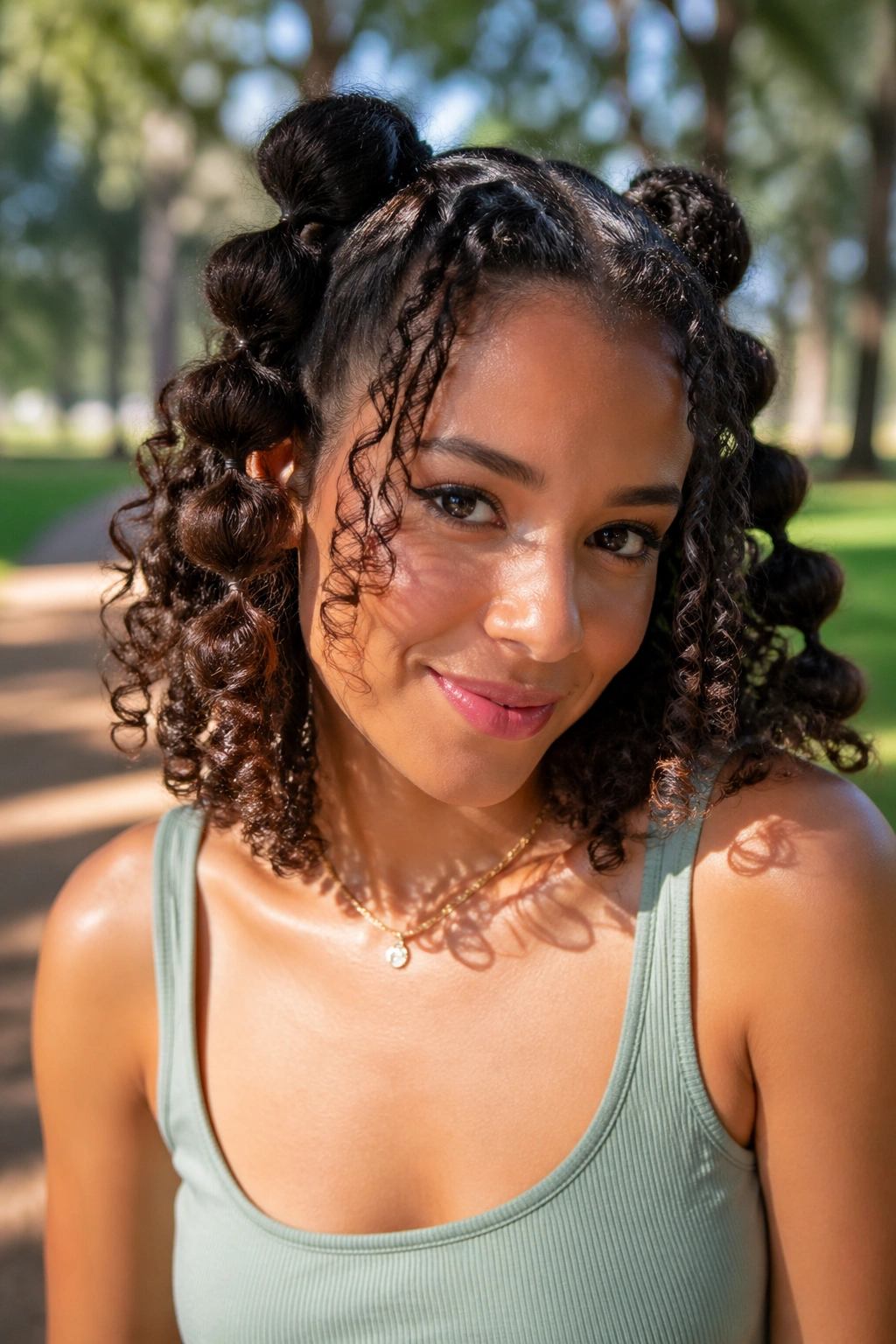 Real woman with two small bubble ponytails on shoulder-length curls outdoors