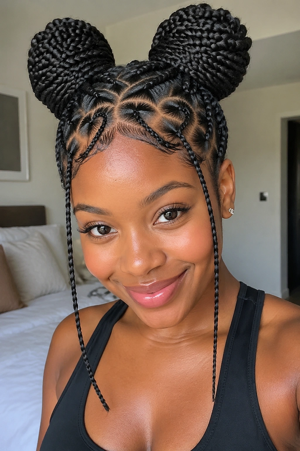 Close-up of double buns with twin heart parts on a real woman