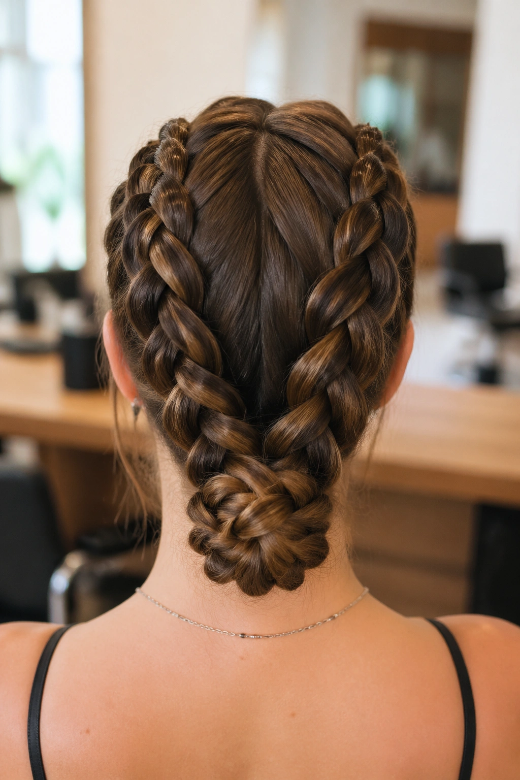 Back-of-head portrait of a real woman with two mirrored dragon braids forming a low knot