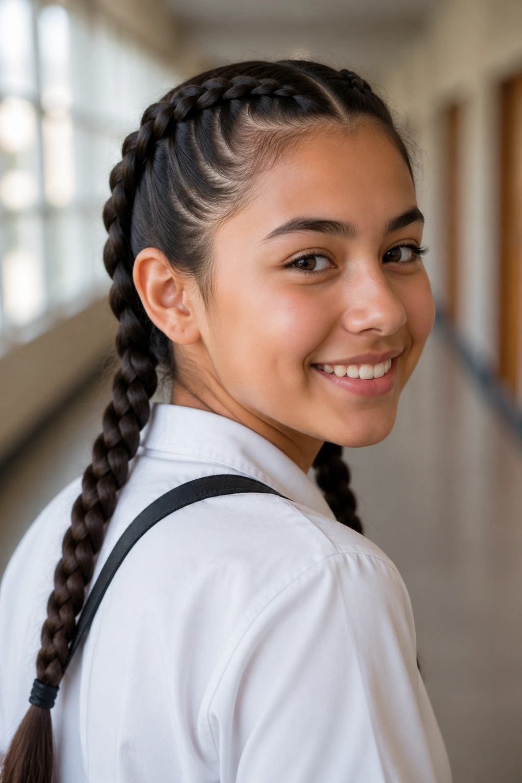 Close-up of a real student with two Dutch braids in a school hallway.