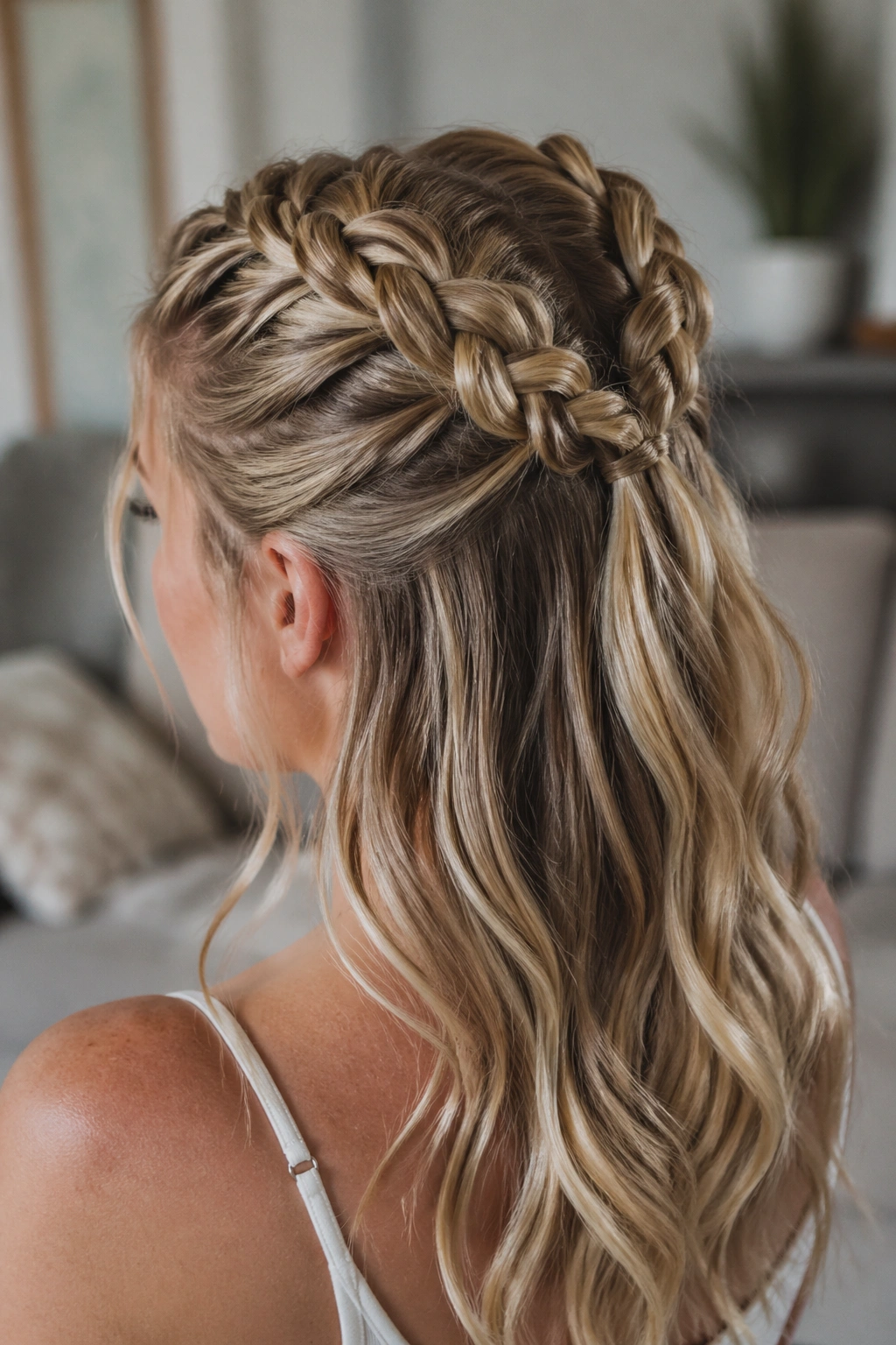 Close-up of a real person with two Dutch braids meeting at the back for a lifted half-up look