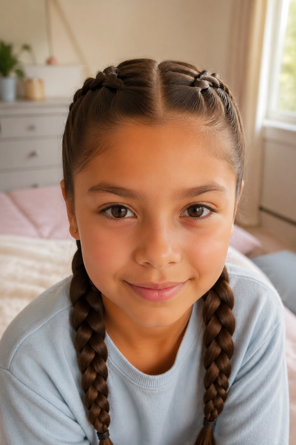 Close-up of a child girl wearing double Dutch braids in a softly lit bedroom