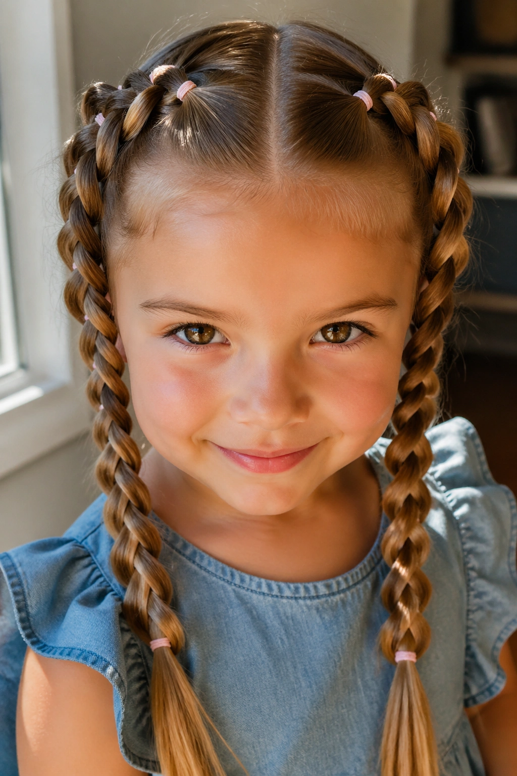 Close-up of toddler with double Dutch braids and tiny elastics