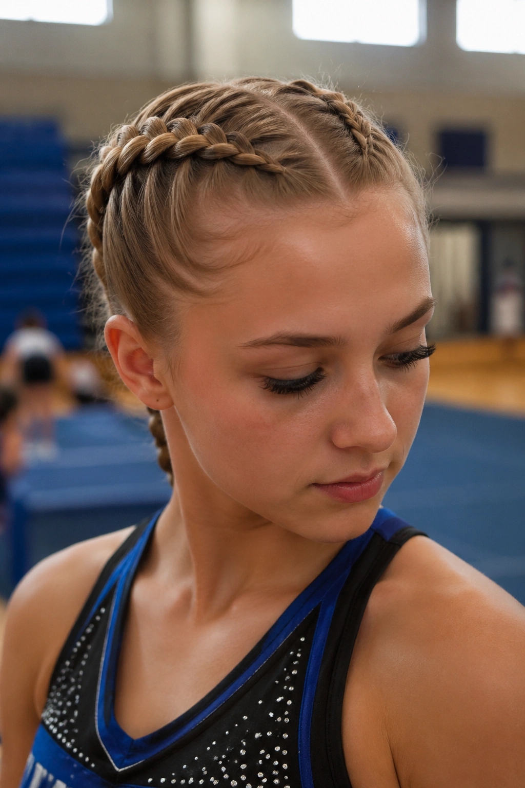 Close-up of a real person with Double Dutch Braids in a gym setting