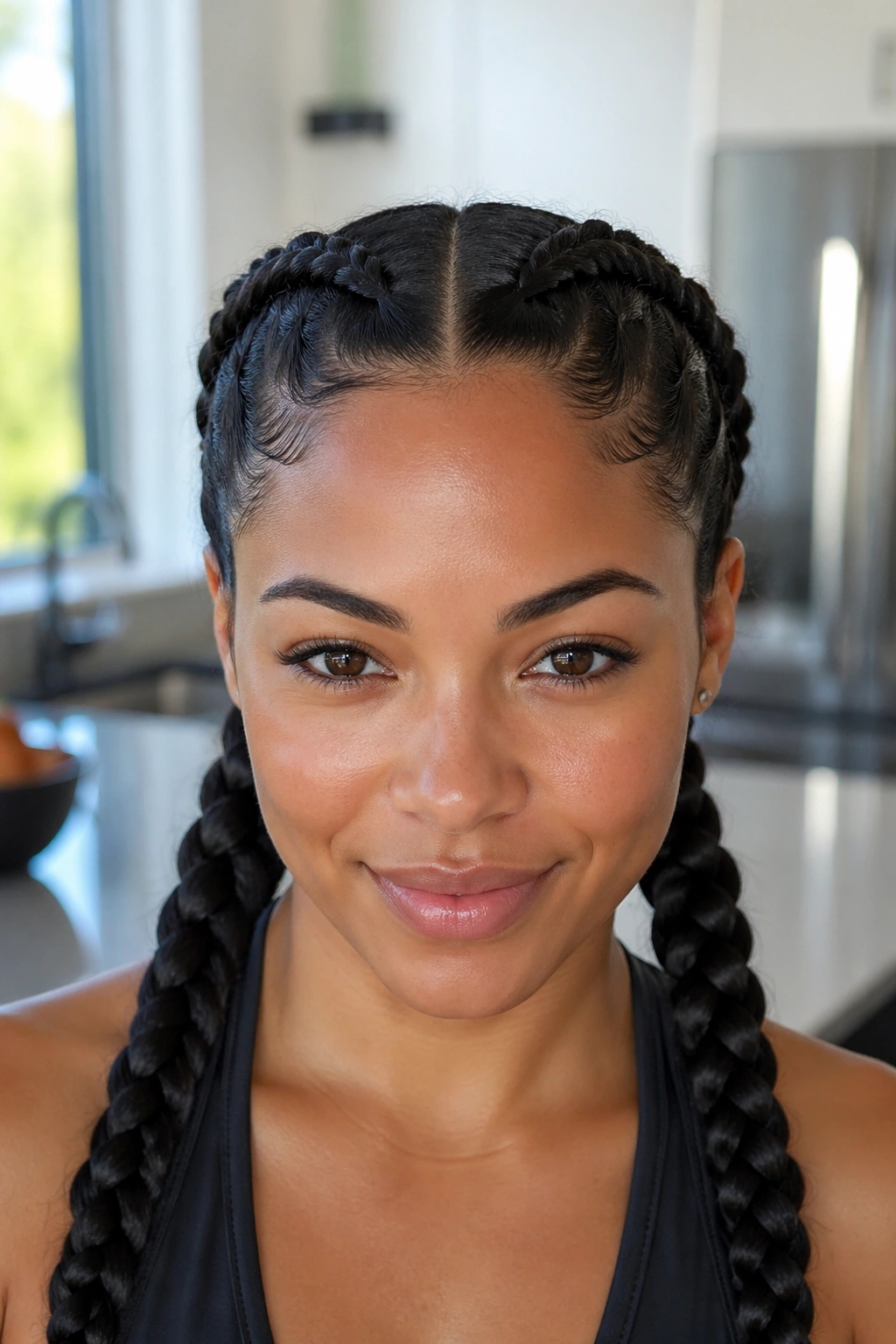 Close-up of a real woman's Double Dutch Braids in two raised plaits.
