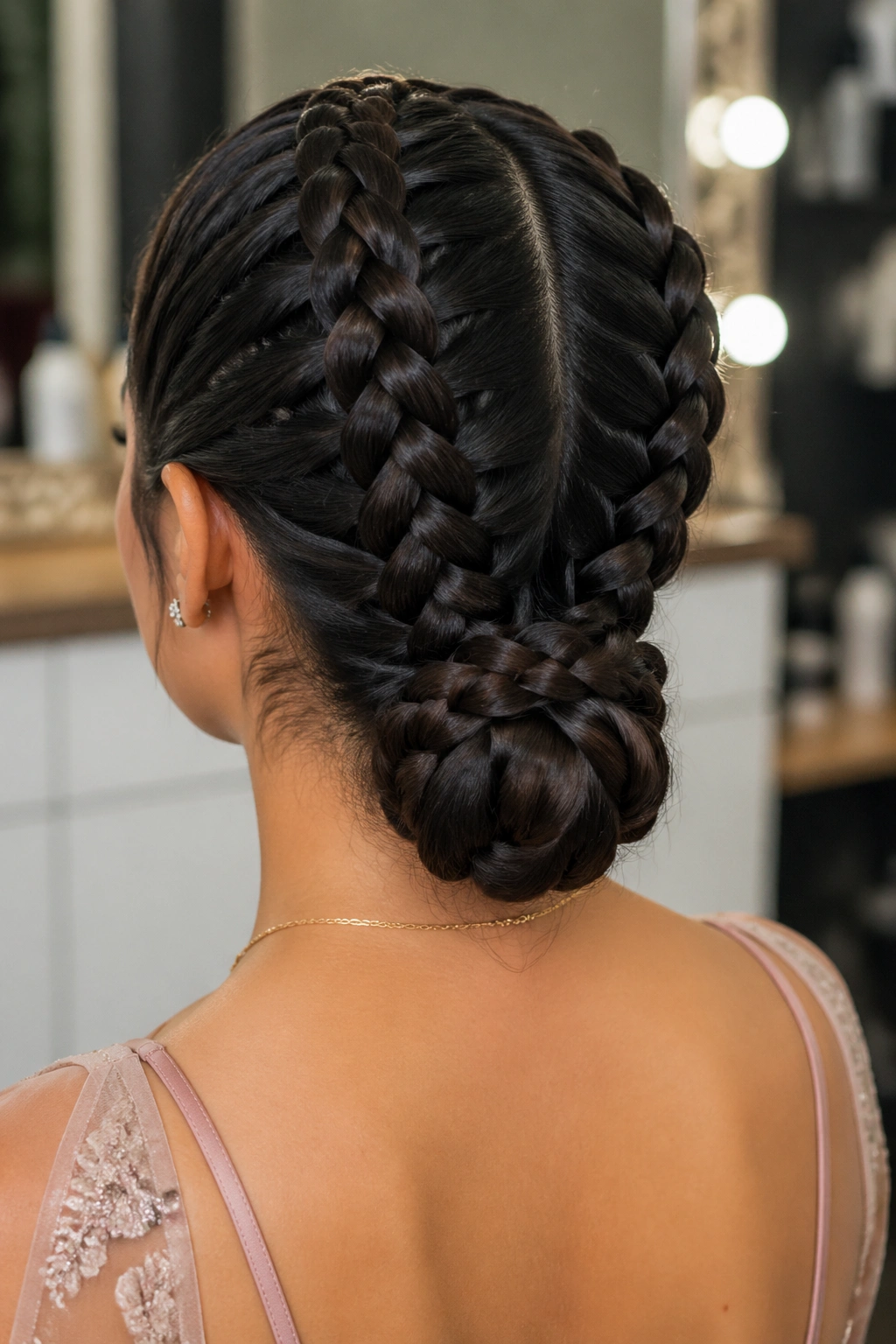 Back view of a real woman's head with Dutch braids forming a low bun at the nape