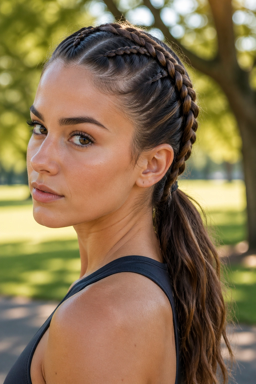 Close-up of a real woman with double Dutch braids forming a low ponytail outdoors