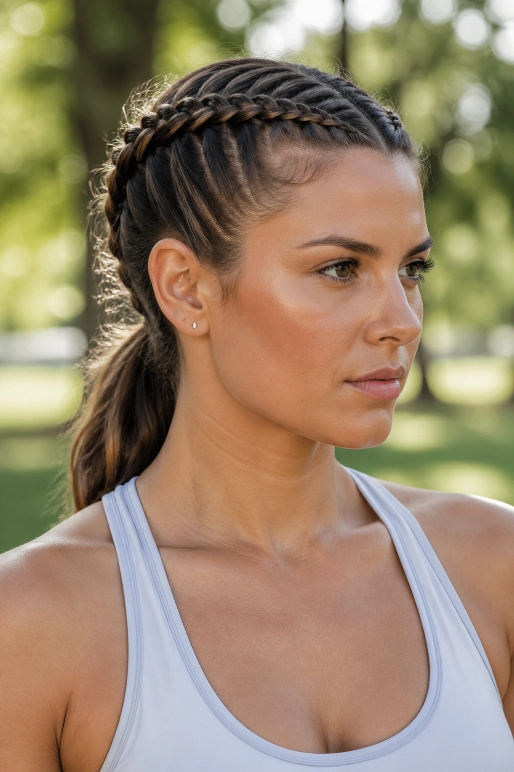Close-up of a real woman with two narrow Dutch braids feeding into a ponytail at the nape, outdoors