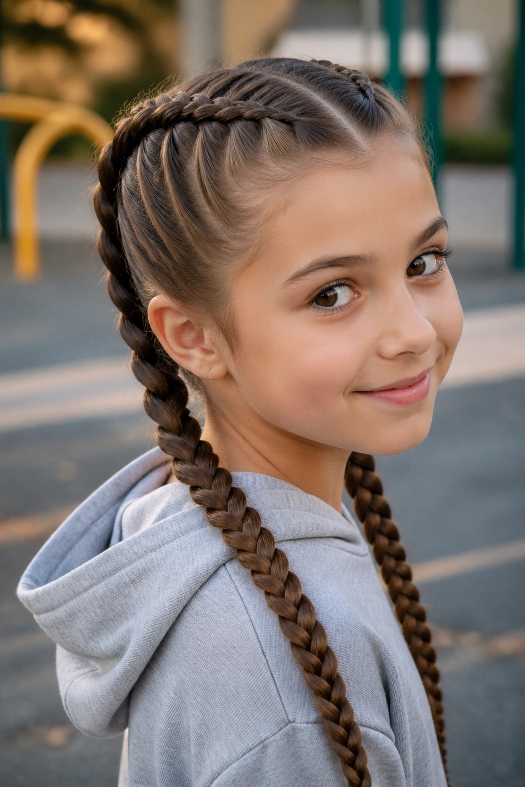 Real girl with two raised Dutch braids outdoors.