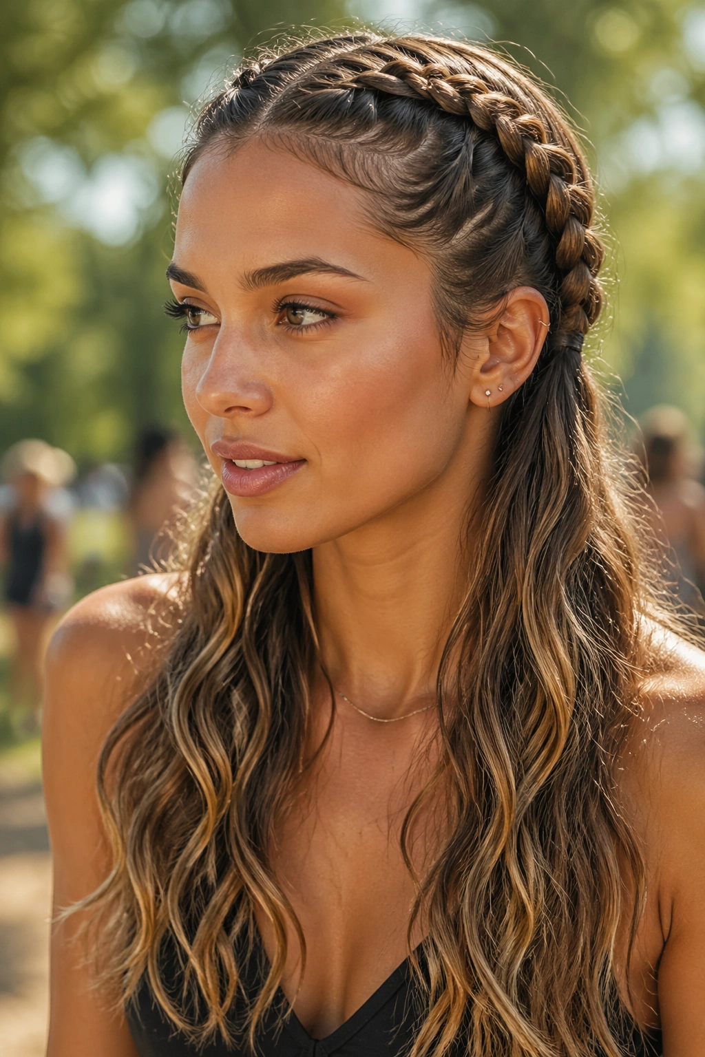 Close-up of woman with double Dutch braids transitioning into soft waves outdoors