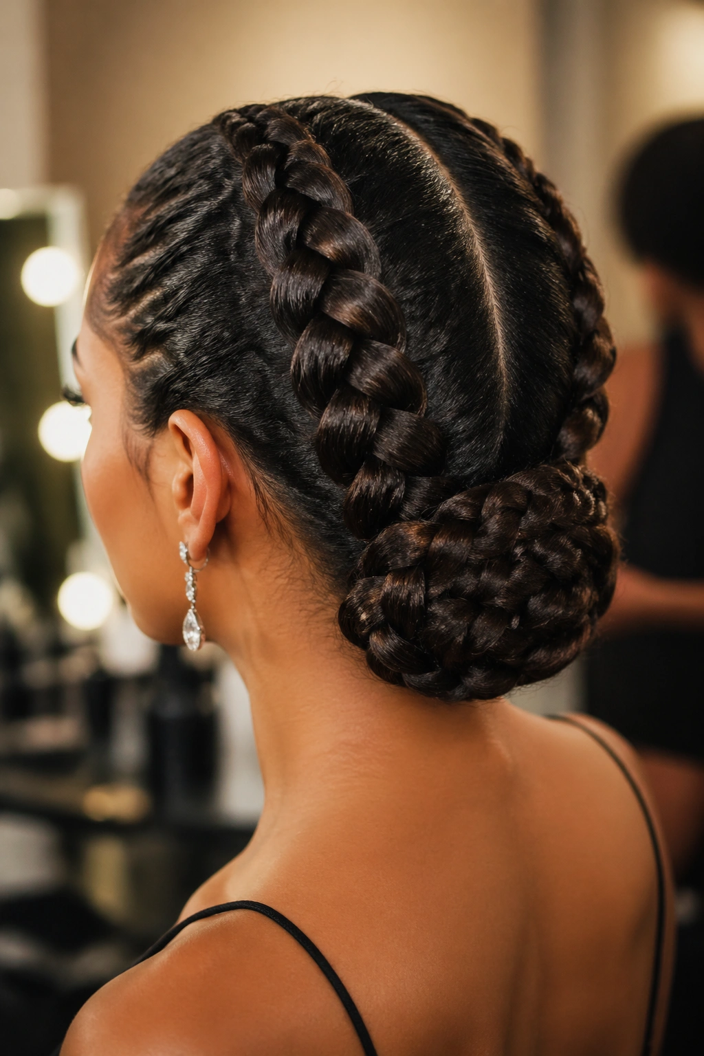 Back/side view of a real woman with two Dutch braids folded into a chignon at the nape.