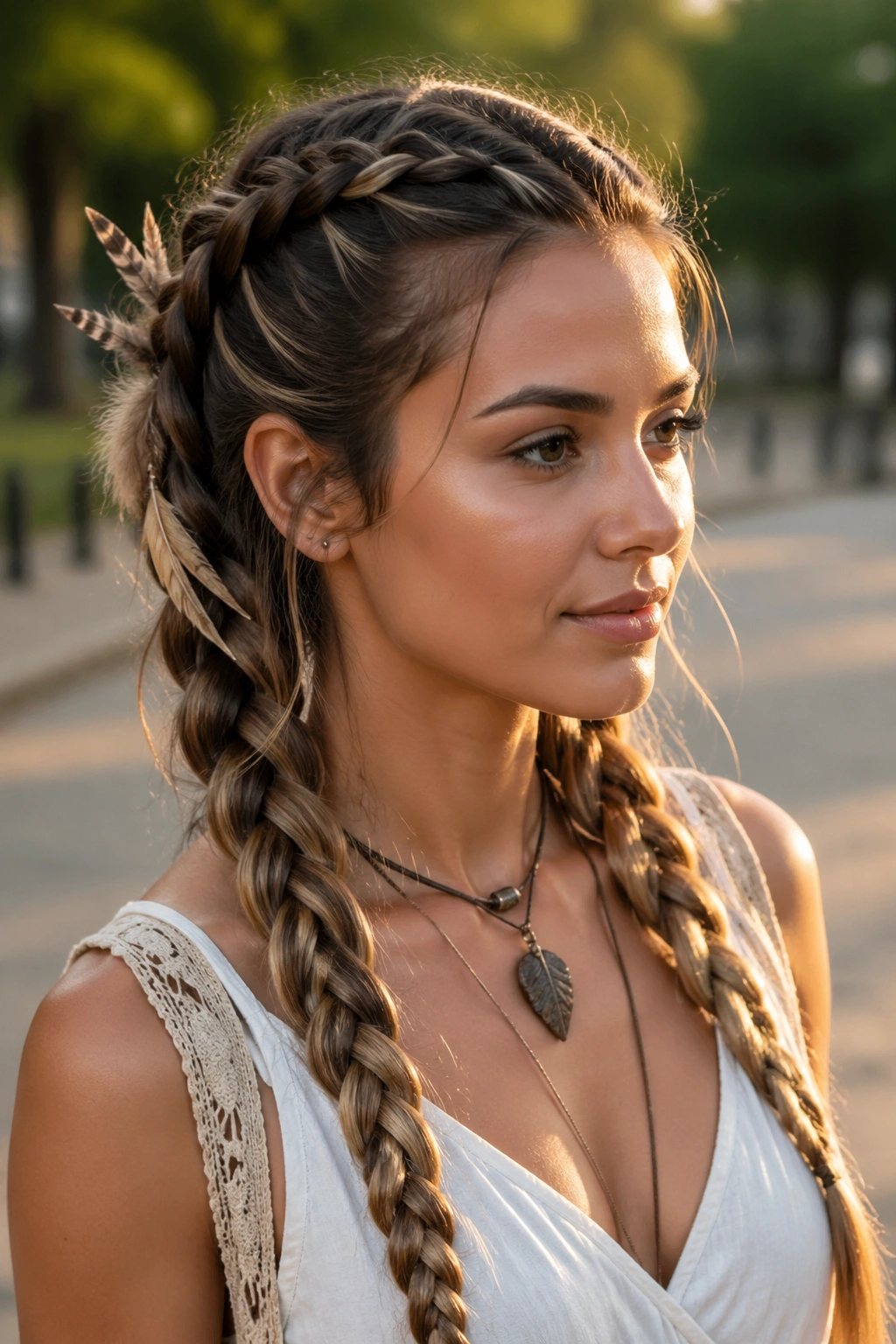 Close-up of a real woman with double Dutch feather braids along the sides and feathers near the ears