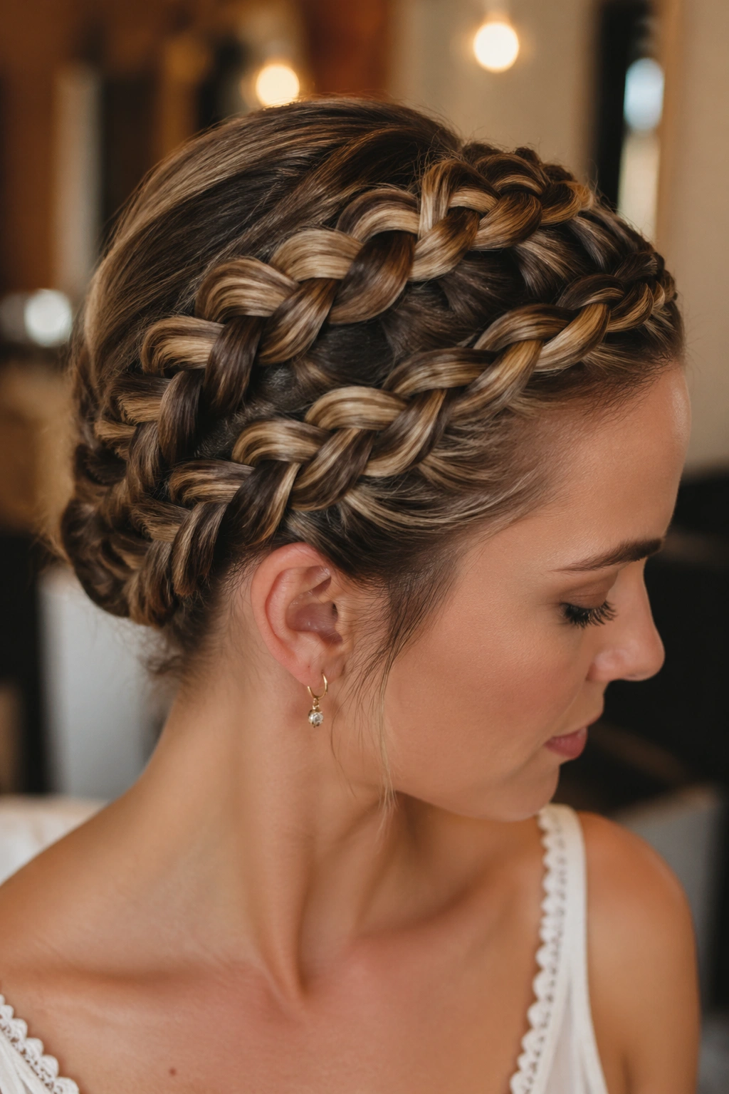 Close-up of a real woman with double Dutch milkmaid braids around the crown