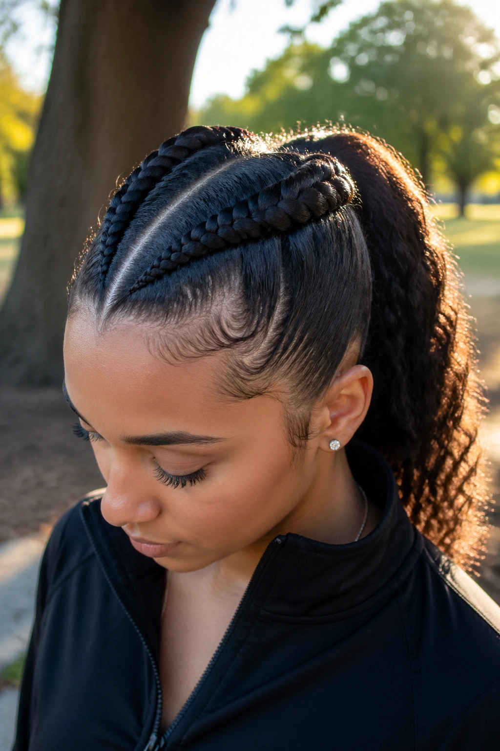 Close-up of real woman with two Dutch braids forming a ponytail.
