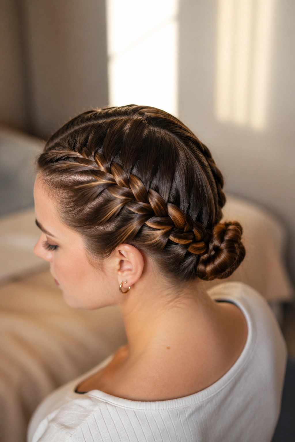 Close-up of a real woman with two French braids forming a bun, hiding greasy roots