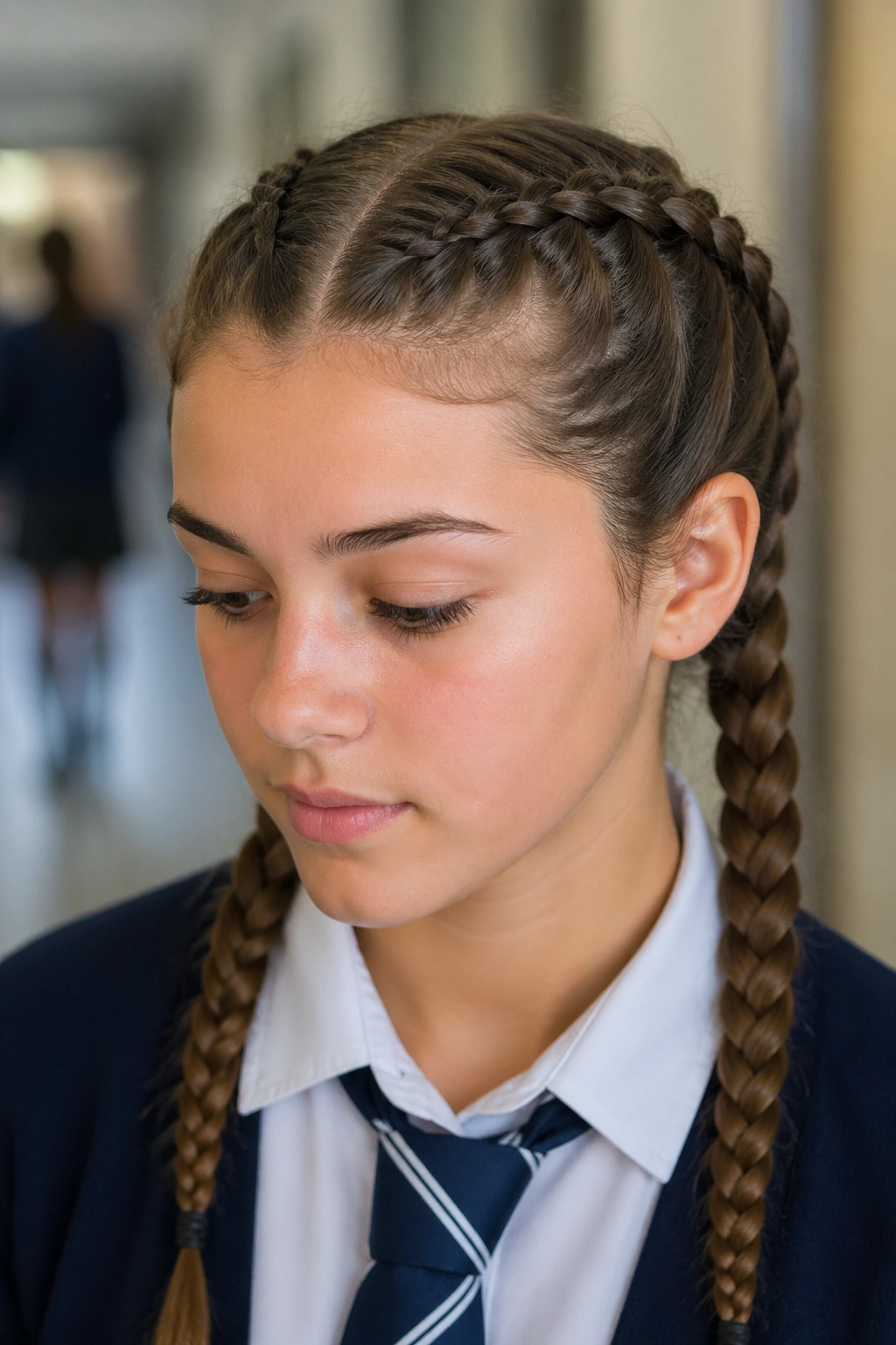 Close-up of a real student with two French braids from crown to nape in a school setting.
