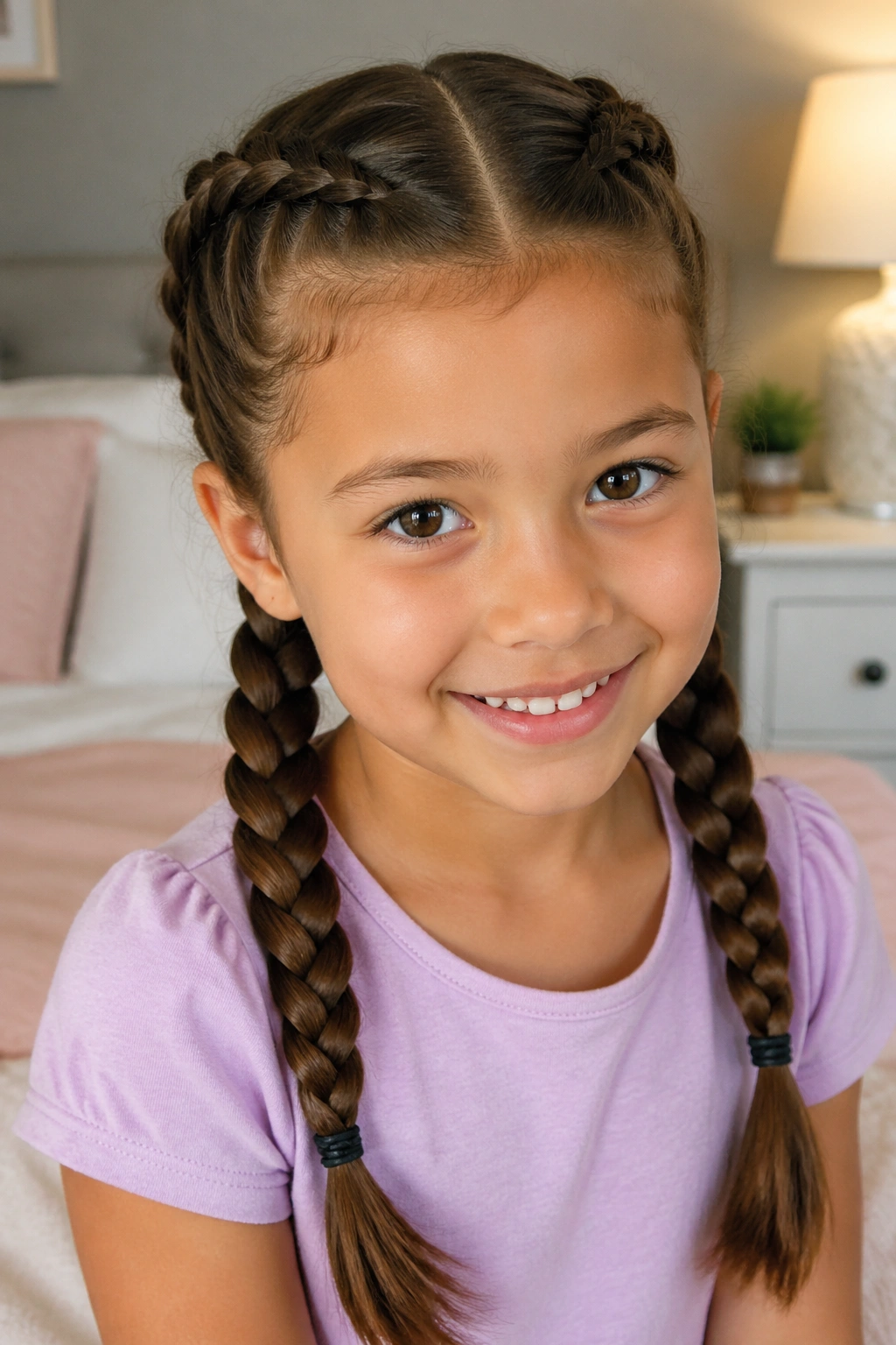 Portrait of a real child with two French braids on both sides