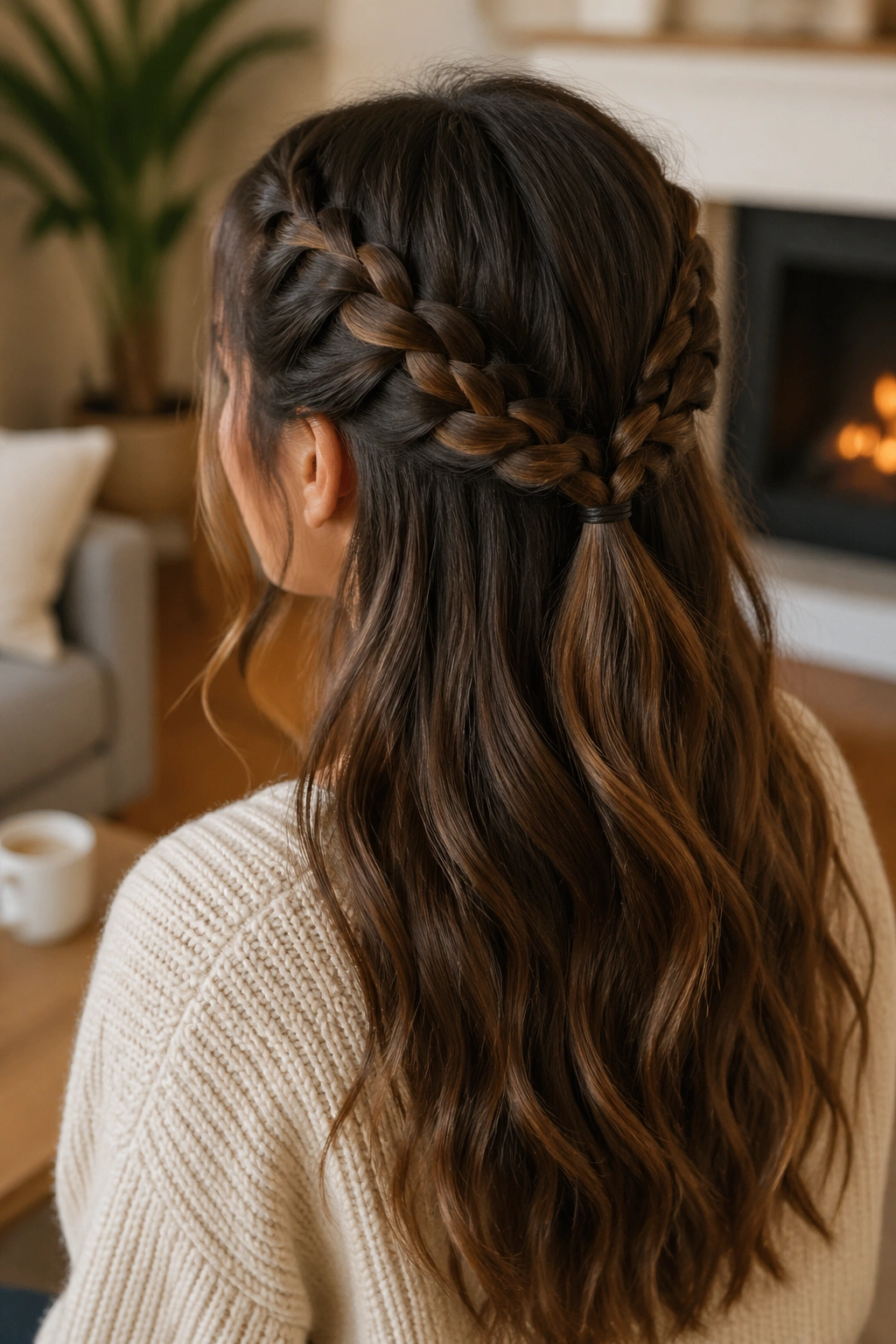 Real woman with two French braids joined into a half-up tie, back view with soft hair around the jaw