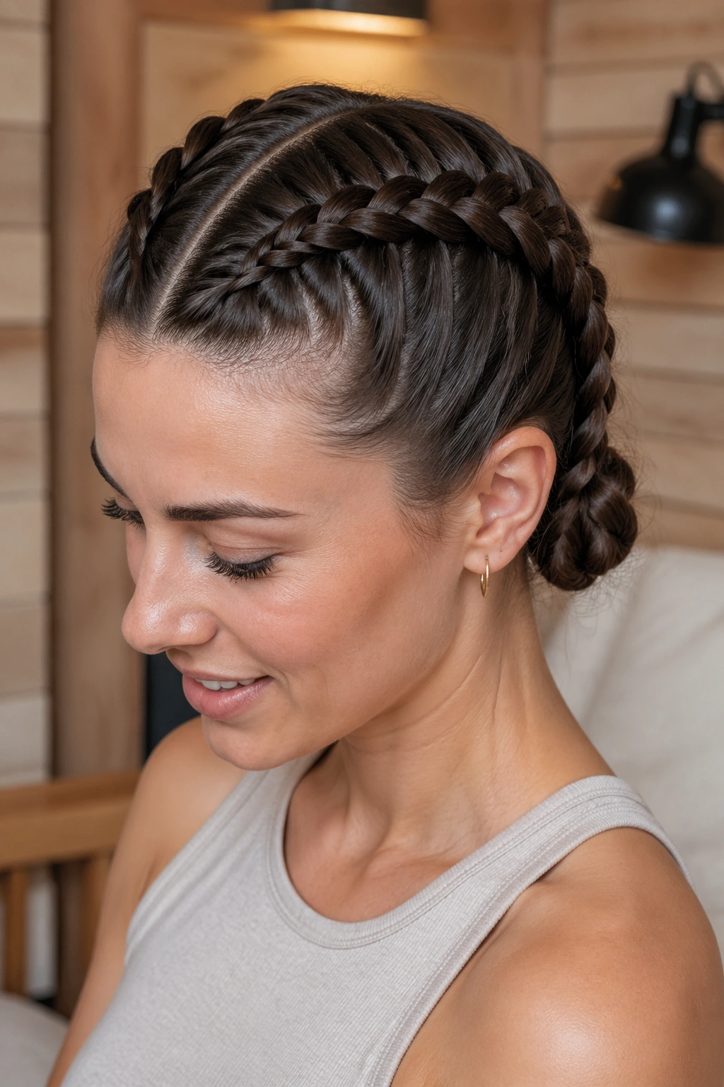 Close-up portrait of a real woman with two French braids from hairline to nape
