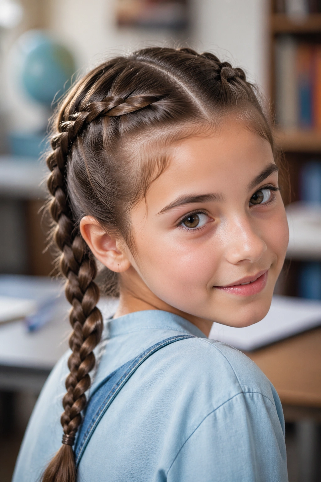 Real girl with two symmetrical French braids in a quiet setting.