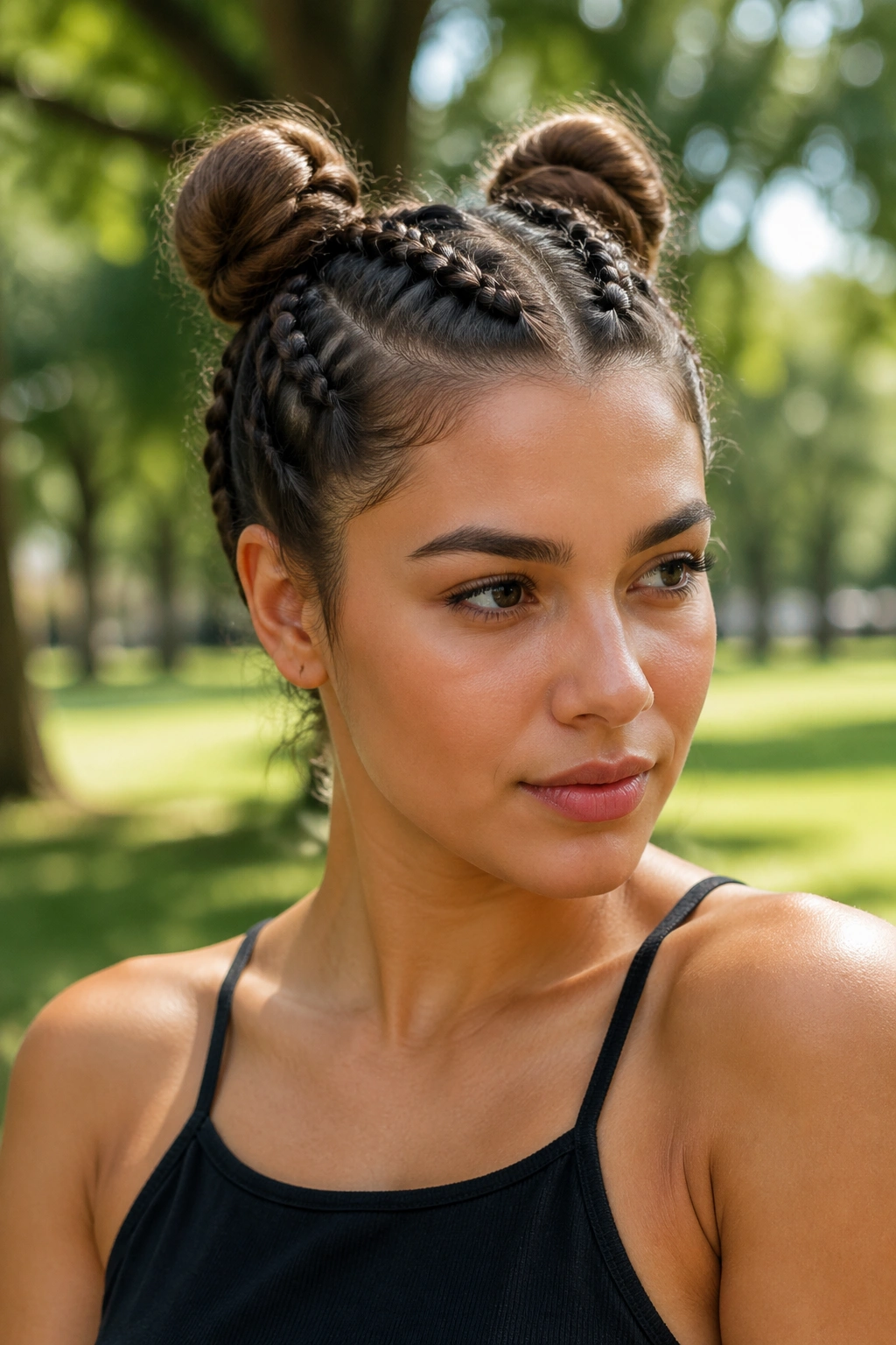 Portrait of a real person with two French braids forming space buns outdoors in a park.