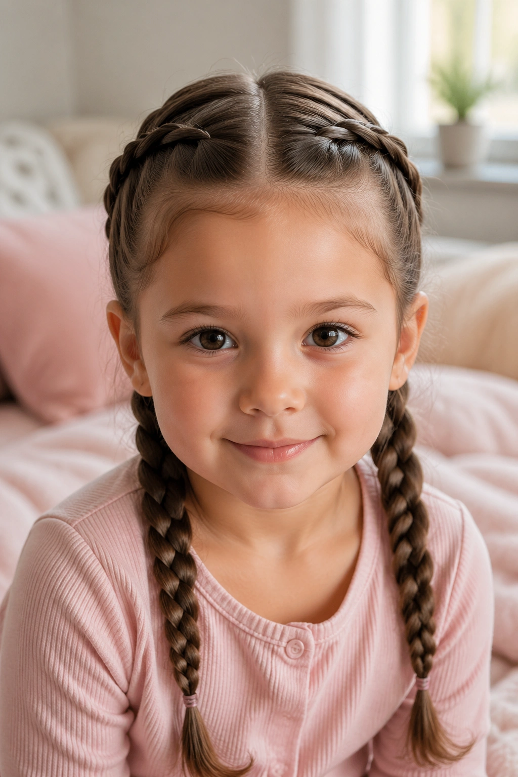 Close-up of a real toddler girl with classic double French braids in a cozy morning room
