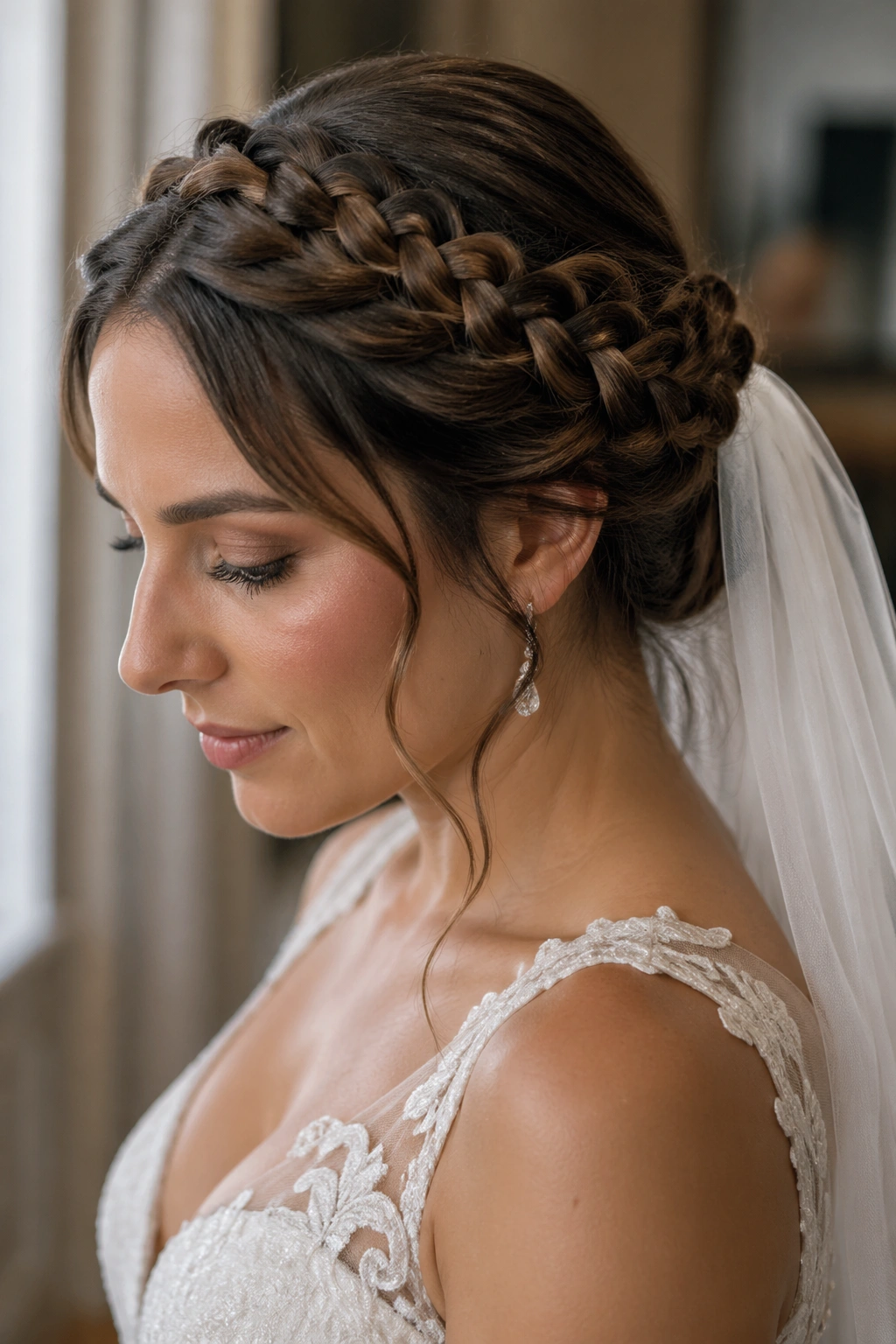 Close-up bride head with thick double halo braid and veil